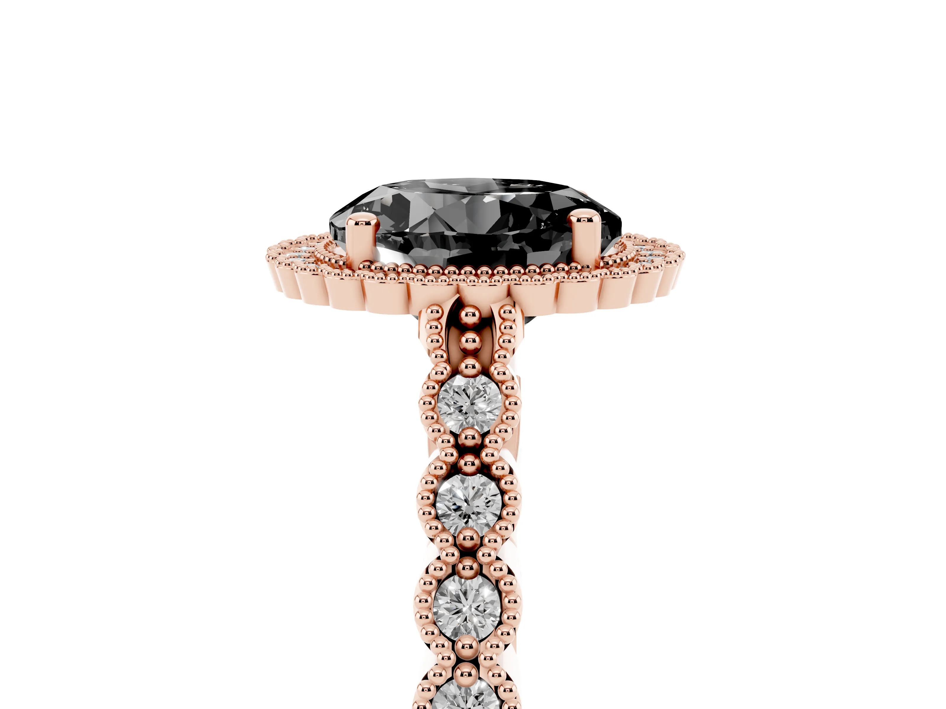 Fancy Black Round Cut Diamond Halo Ring Set in Rose gold with Pavé Milgrain Band