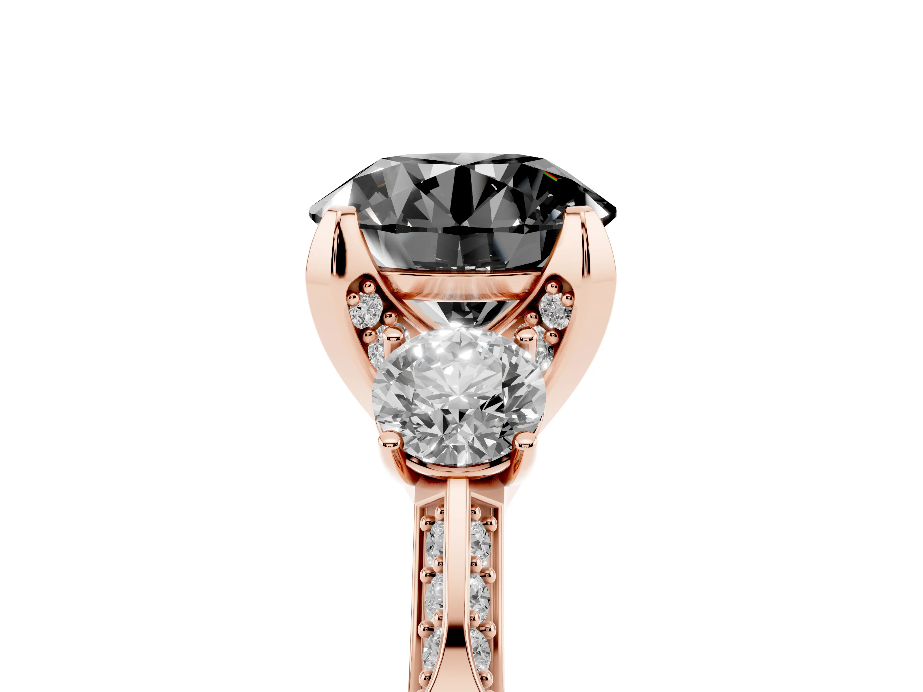 Fancy Black Round Cut Diamond Three-Stone Ring Set in Rose gold with Pavé Band and Smaller Side Stones