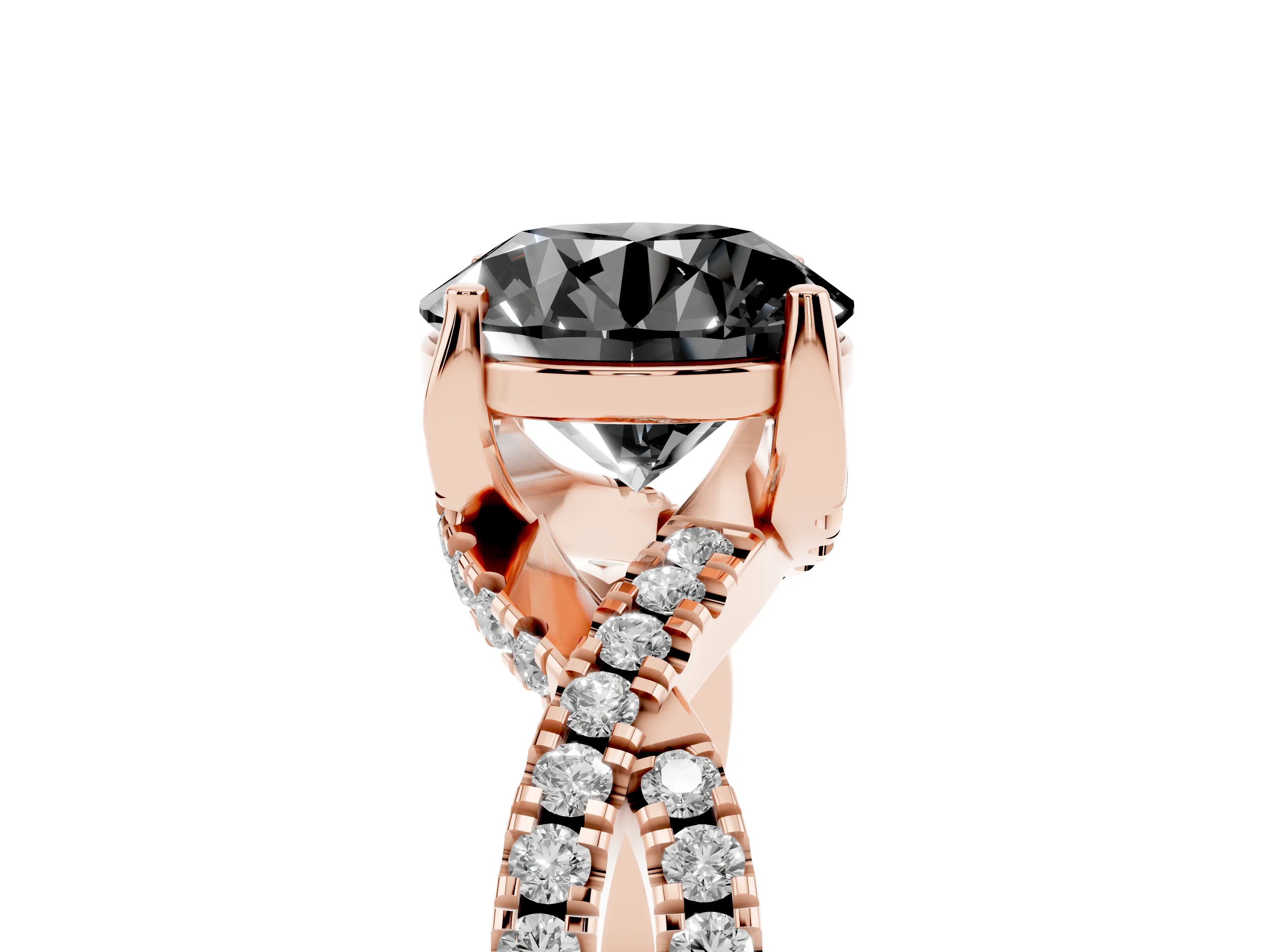 Fancy Black Round Cut Diamond Twist Pavé Solitaire Engagement Ring Set in Rose gold with Prong Setting