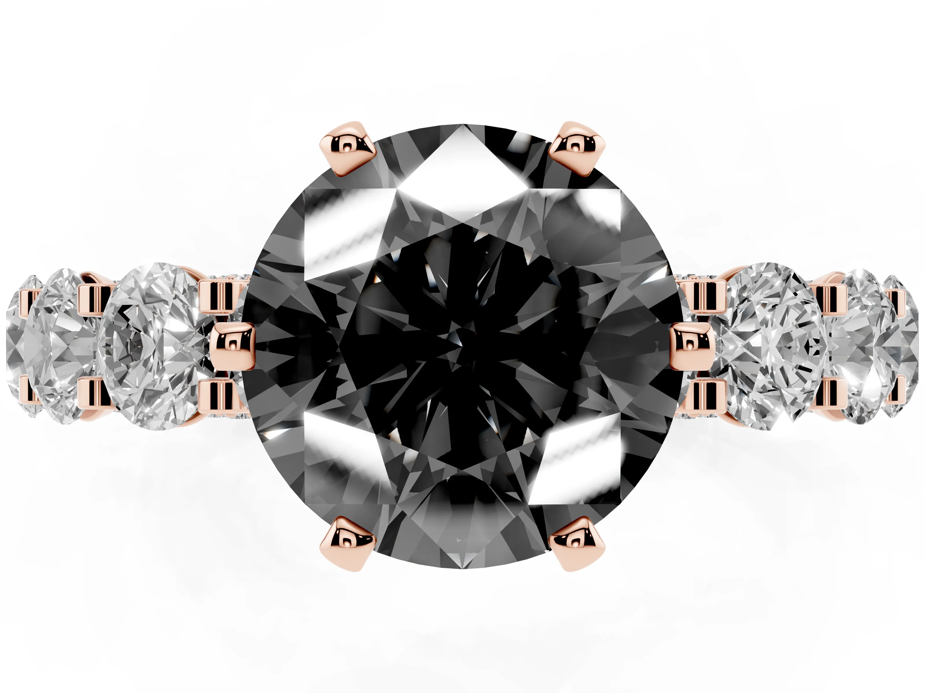 Fancy Black Round Cut Diamond Side Stone Ring Set in Rose gold with Alternating Round and Oval Side Stones