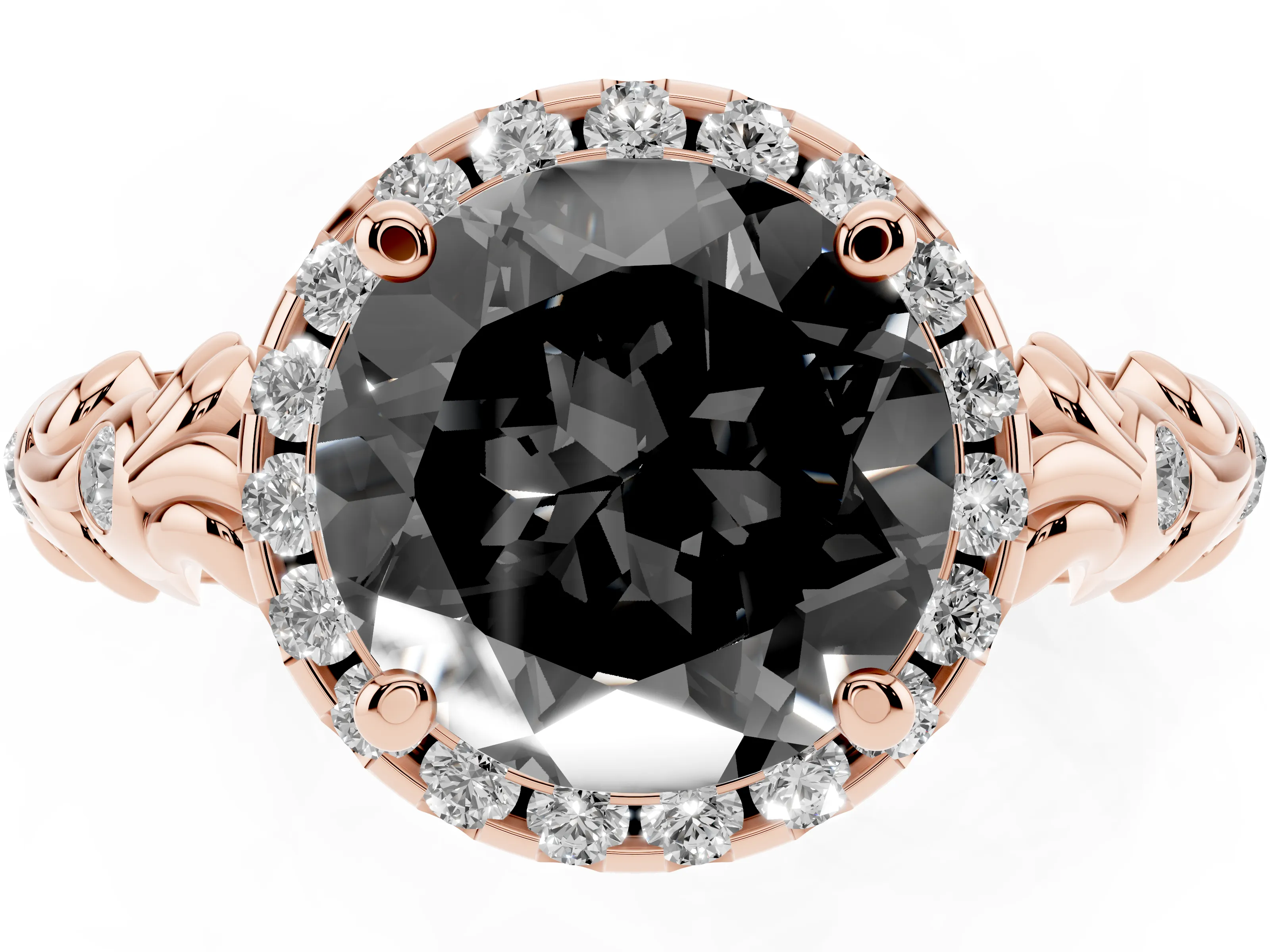Fancy Black Round Cut Diamond Halo Ring Set in Rose gold with Filigree Leaf Band and Prong Setting