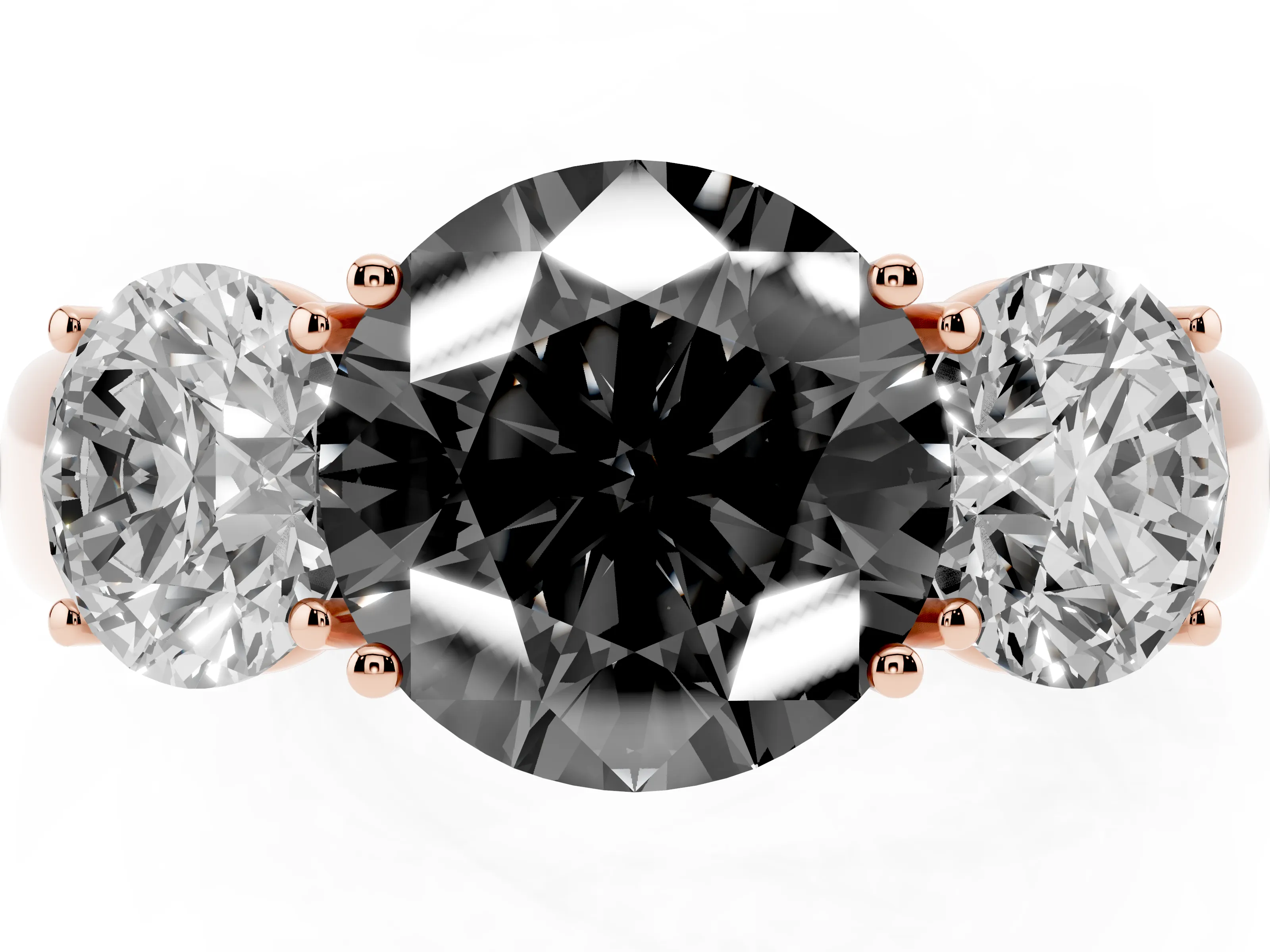 Fancy Black Three-Stone Round Cut Diamond Ring Set in Rose gold with Matching Prong Settings and Plain Band