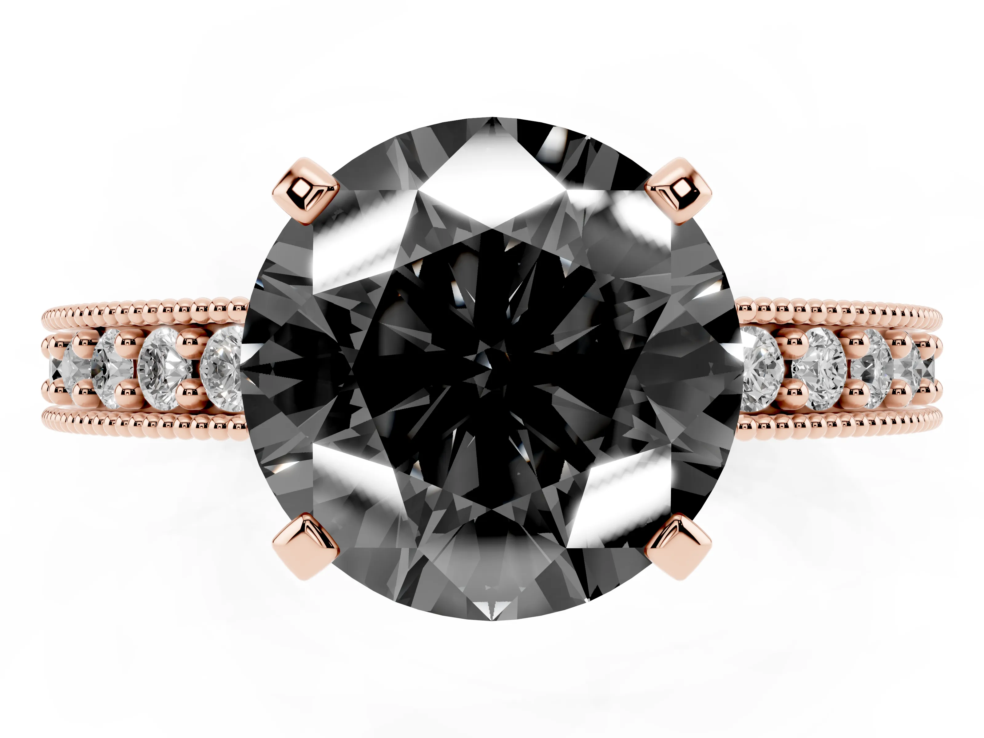 Fancy Black Round Cut Diamond Milgrain Pavé Engagement Ring Set in Rose gold with Prong Setting