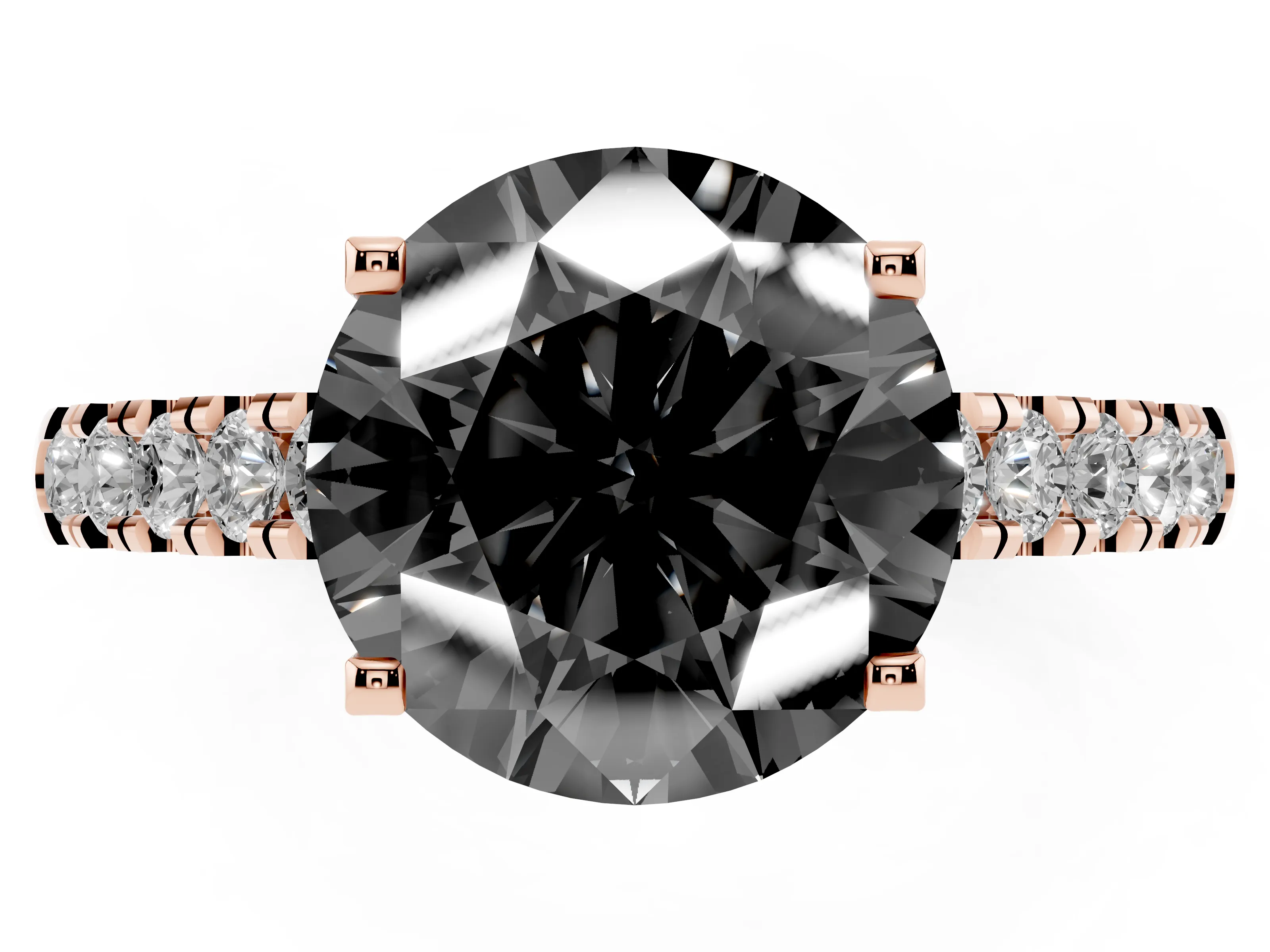 Fancy Black Round Cut Diamond Pavé Band Solitaire Ring Set in Rose gold with Partway Accent Stones and Prong Setting
