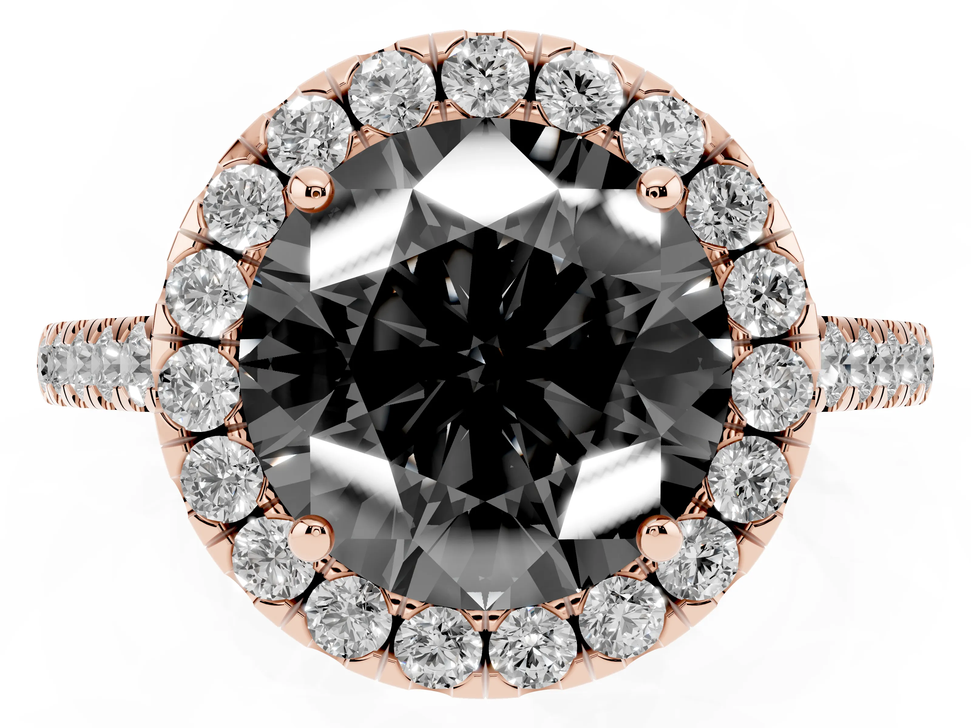 Fancy Black Round Cut Diamond Halo Pavé Engagement Ring Set in Rose gold with Prong Setting