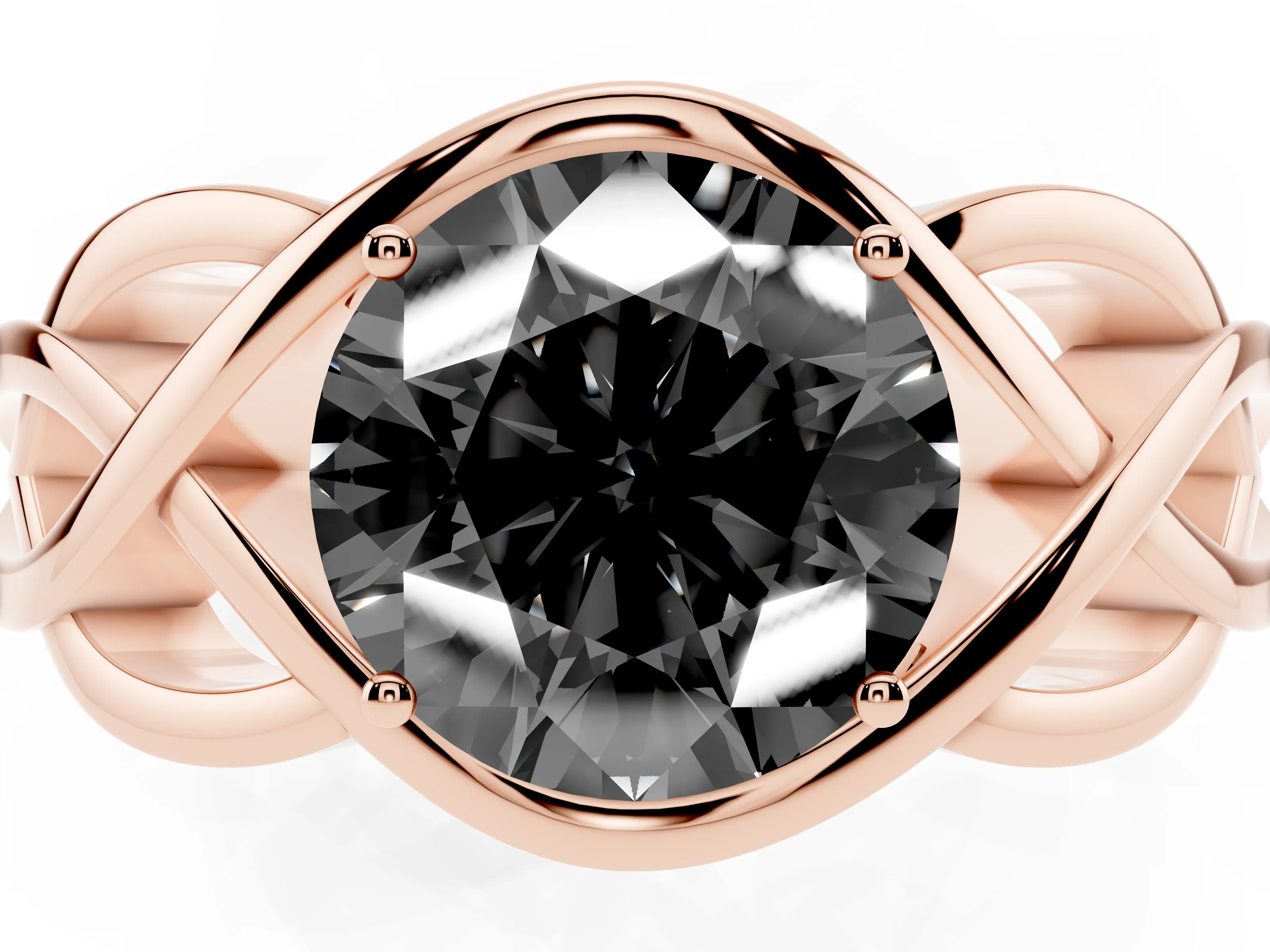 Fancy Black Round Cut Diamond Solitaire Ring Set in Rose gold with Intertwined Band