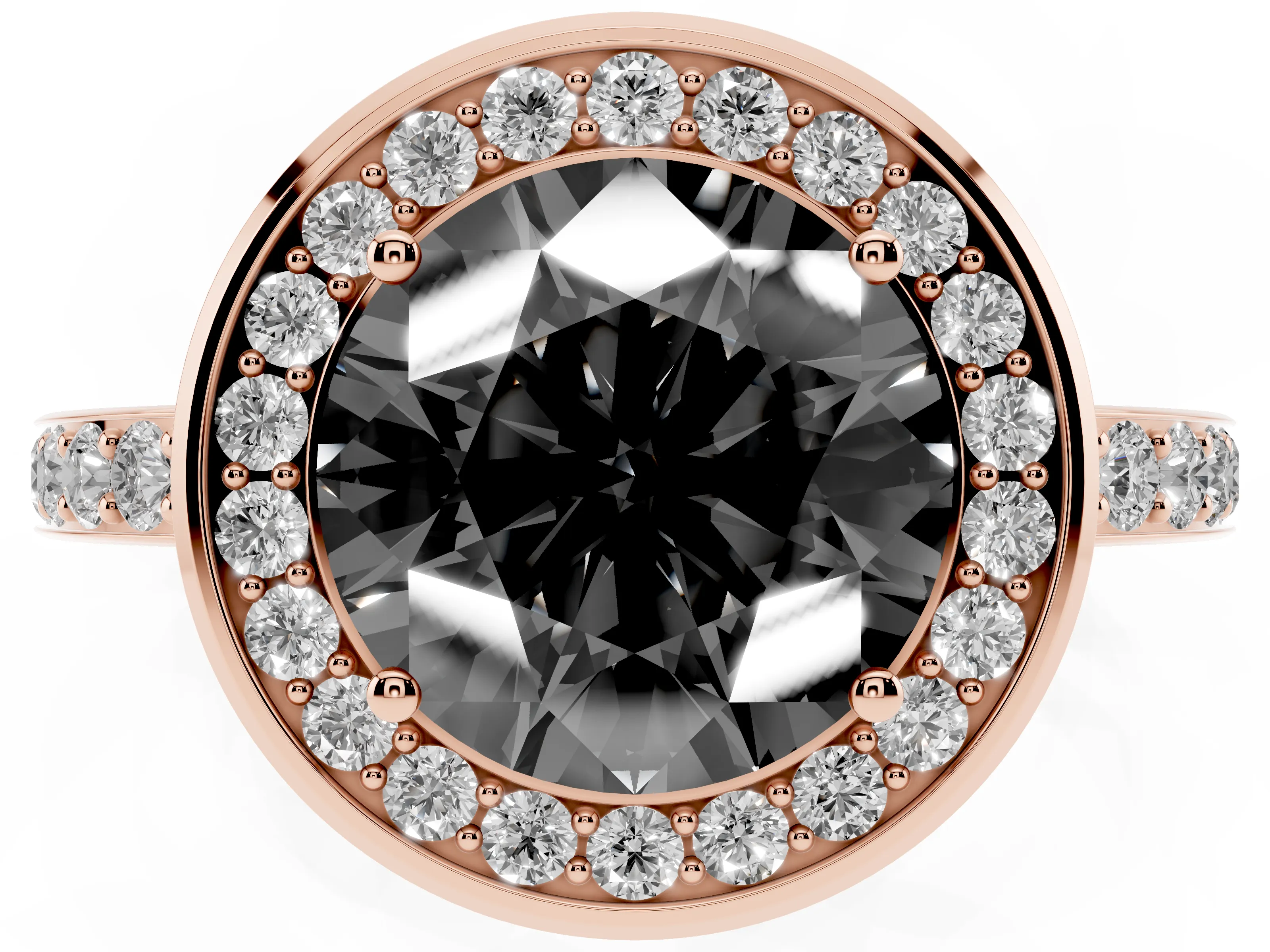 Fancy Black Round Cut Diamond Halo Ring Set in Rose gold with Bezel Frame and Pavé Band