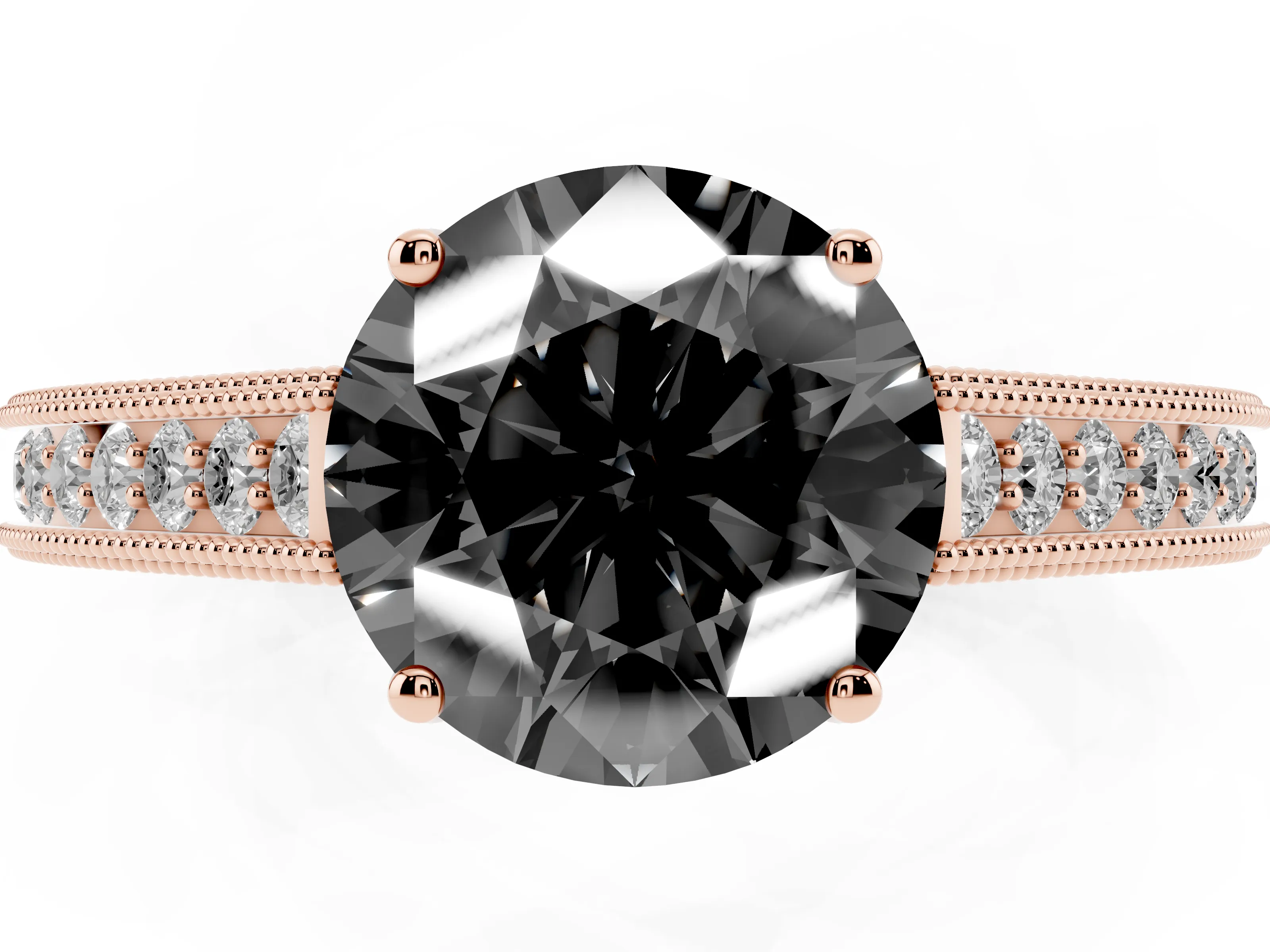 Fancy Black Round Cut Diamond Milgrain Pavé Band Solitaire Ring Set in Rose gold with Prong Setting