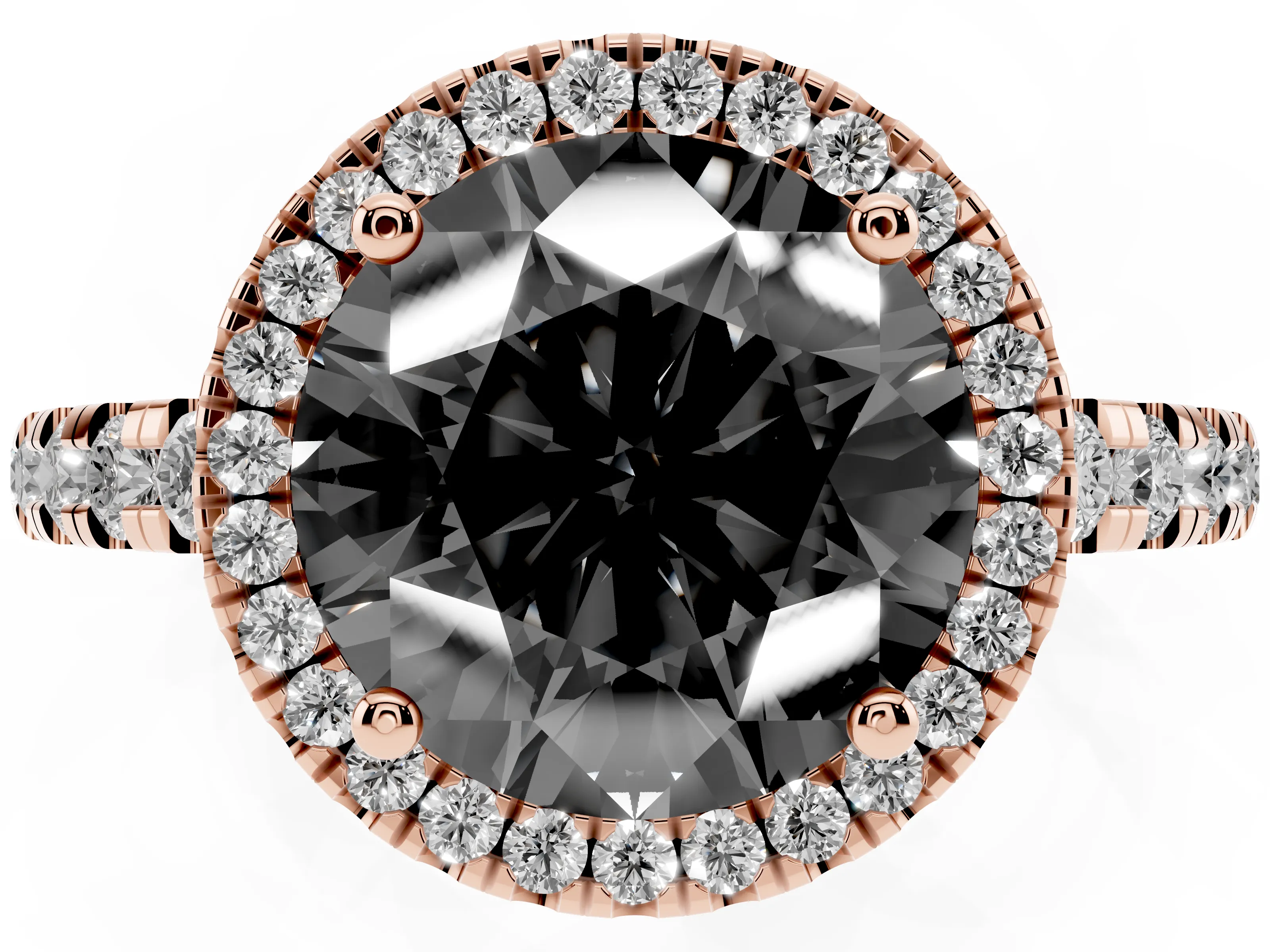Fancy Black Round Cut Diamond Halo Ring Set in Rose gold with Delicate Pavé Band and Prong Setting