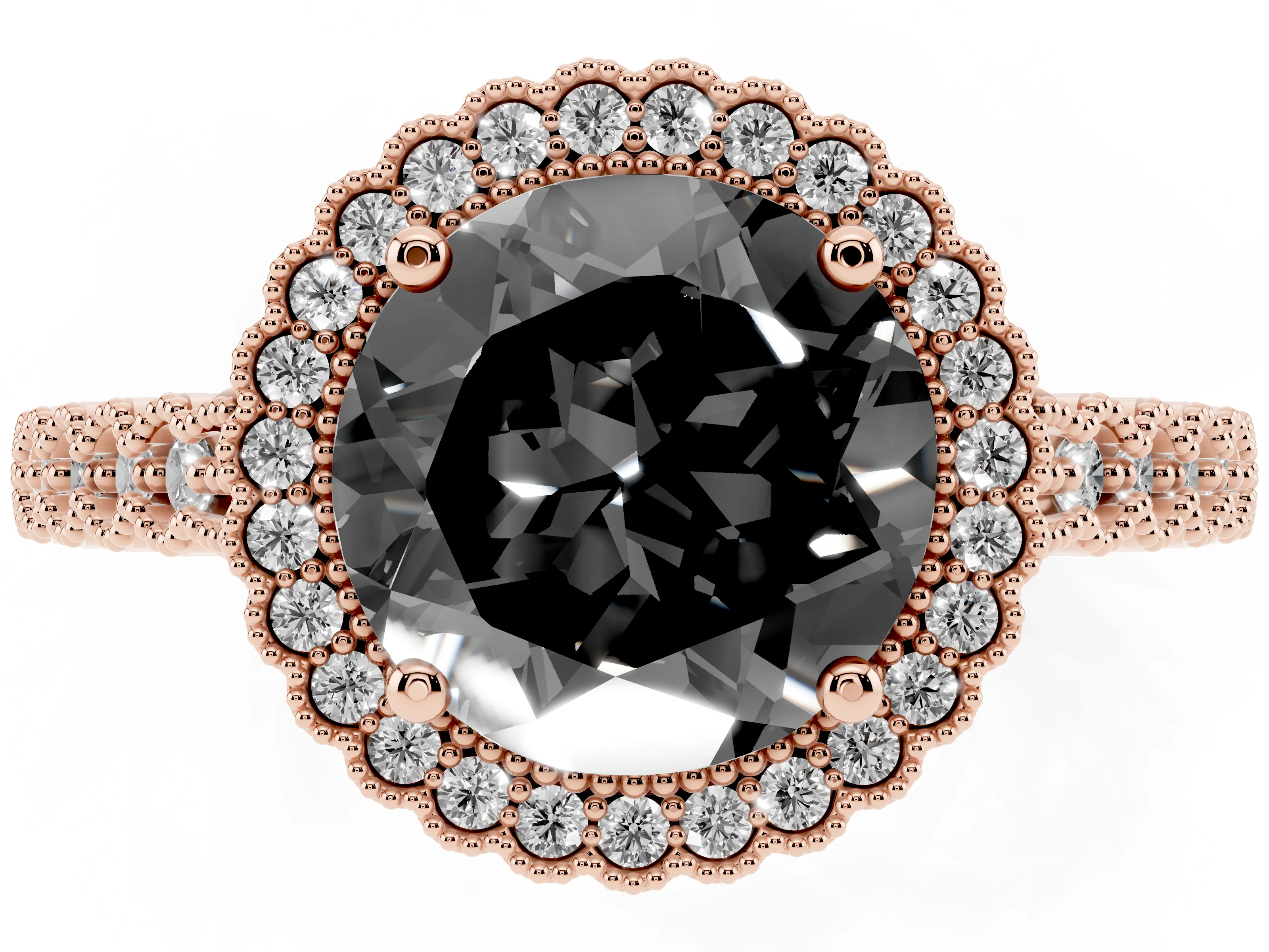 Fancy Black Round Cut Diamond Halo Ring Set in Rose gold with Pavé Milgrain Band