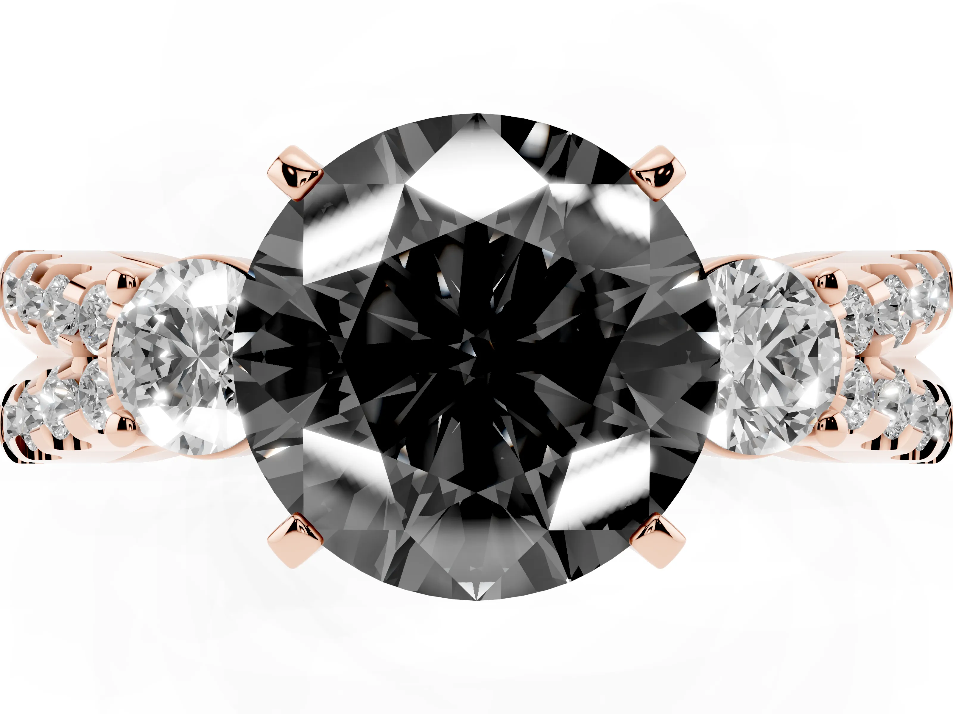 Fancy Black Round Cut Diamond Three-Stone Ring Set in Rose gold with Pavé Split Shank and Prong Setting