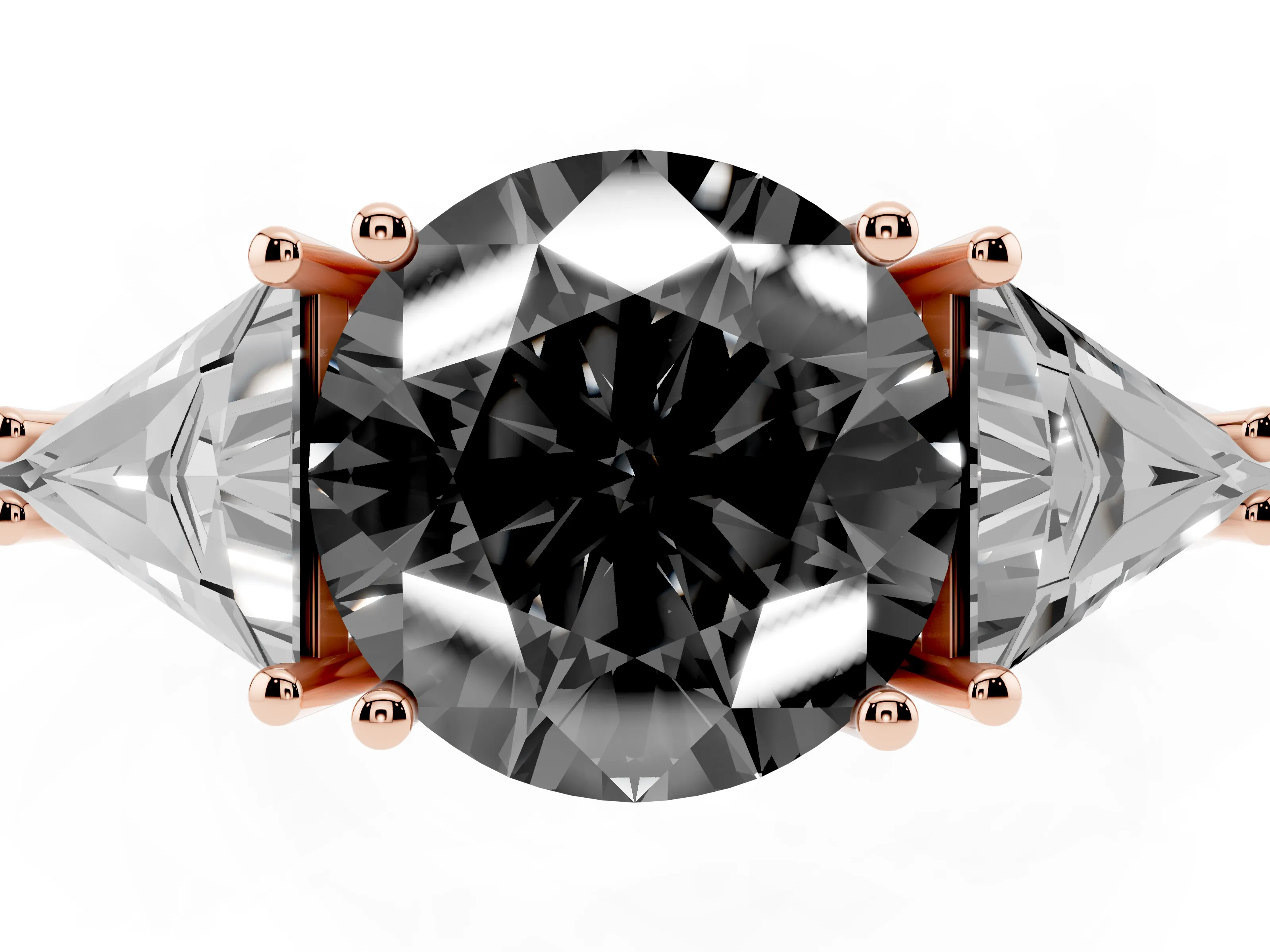 Fancy Black Round Cut Diamond Three-Stone Engagement Ring Set in Rose gold with Trillion Side Stones