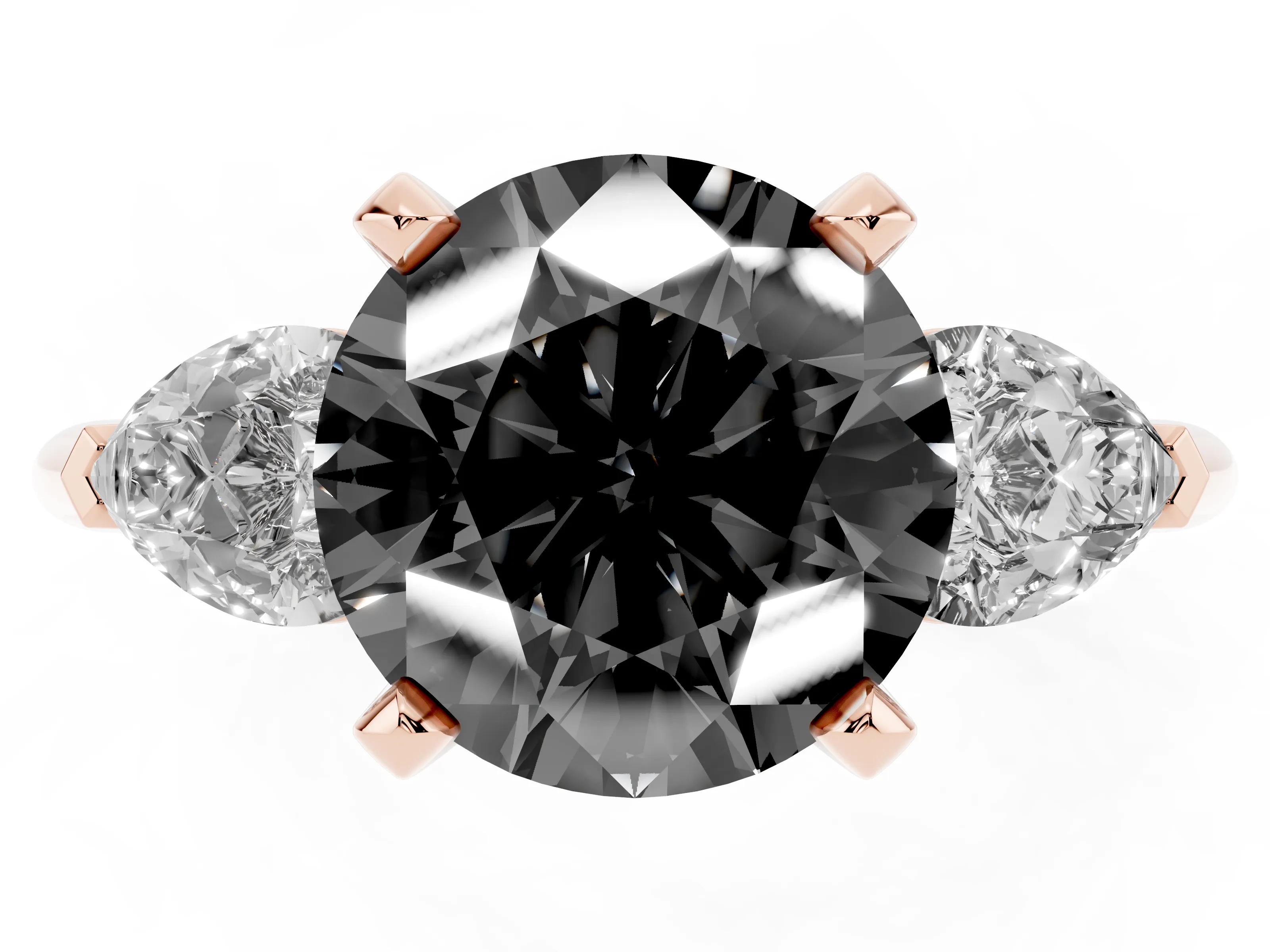 Fancy Black Three-Stone Round Cut Diamond Ring Set in Rose gold with Pear Side Stones and Prong Setting