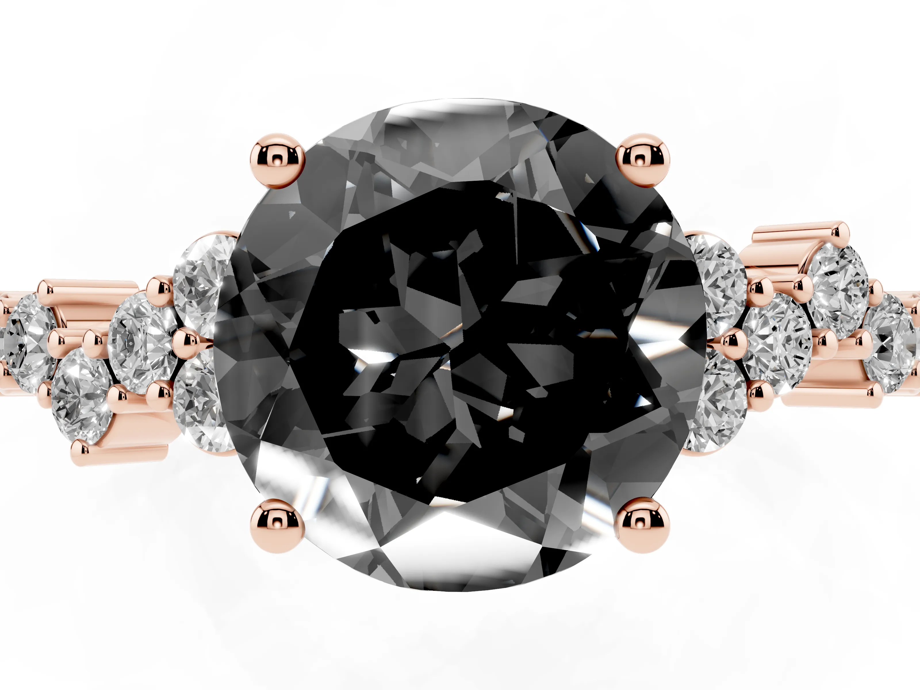 Fancy Black Round Cut Diamond Ring Set in Rose gold with Scattered Round Accents