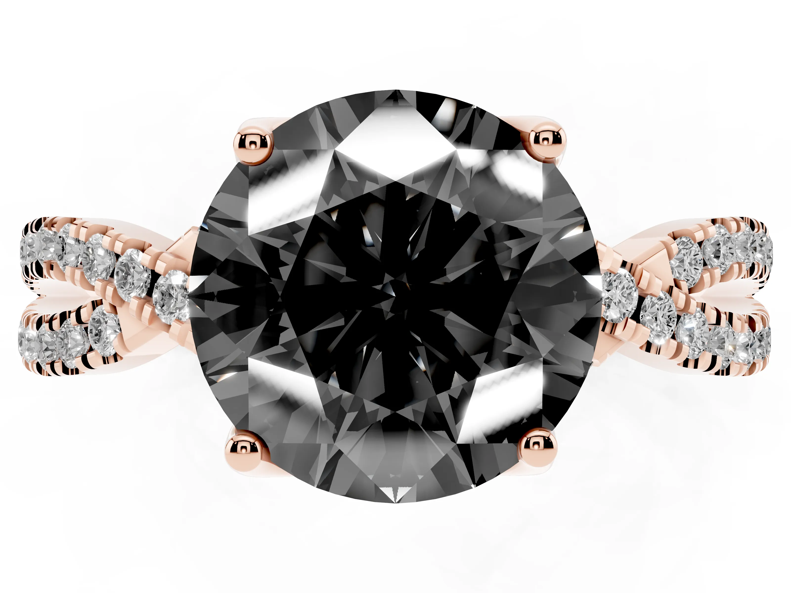 Fancy Black Round Cut Diamond Twist Pavé Solitaire Engagement Ring Set in Rose gold with Prong Setting