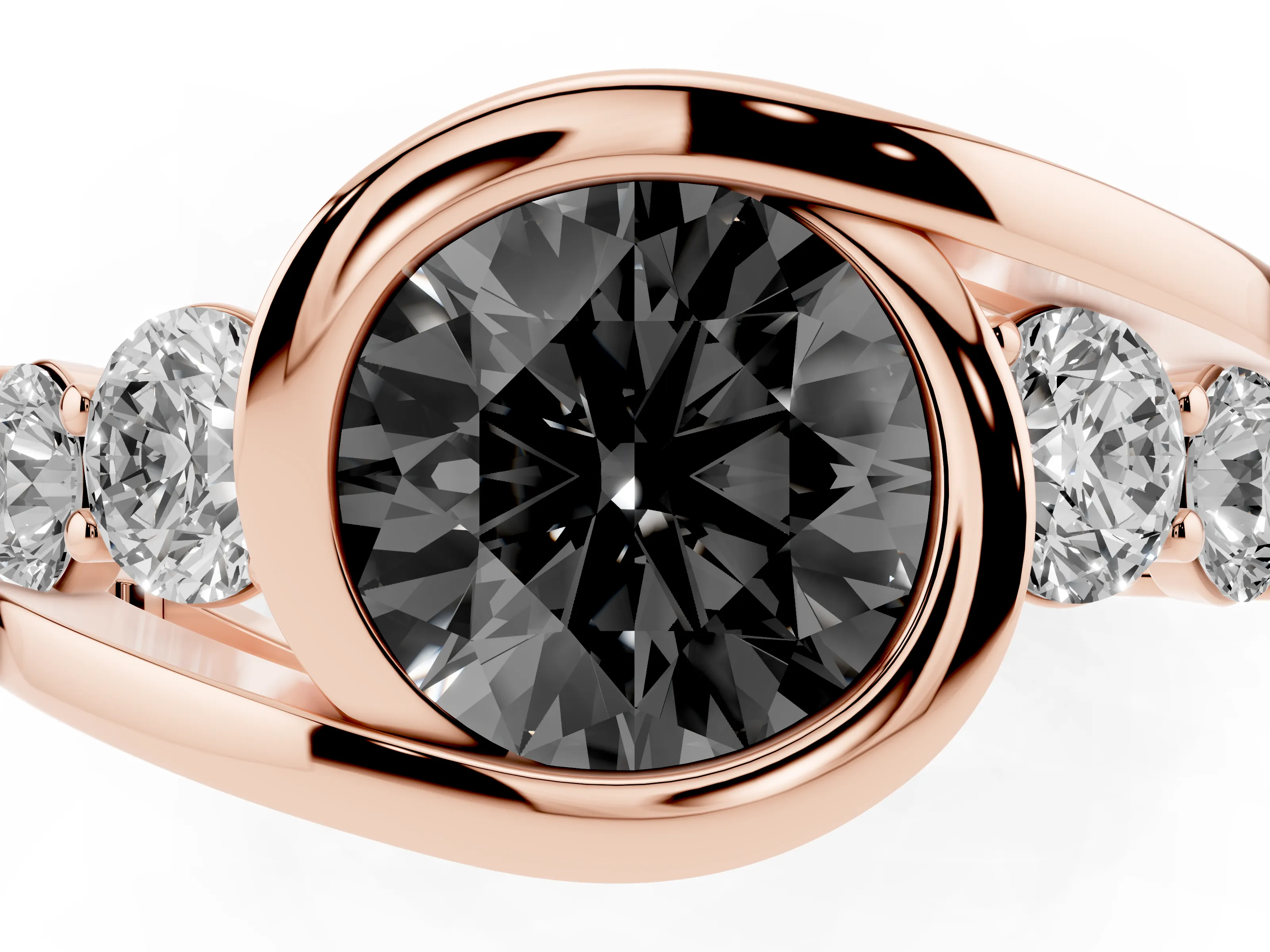 Fancy Black Round Cut Diamond Bezel Bypass Ring Set in Rose gold with Round Accents