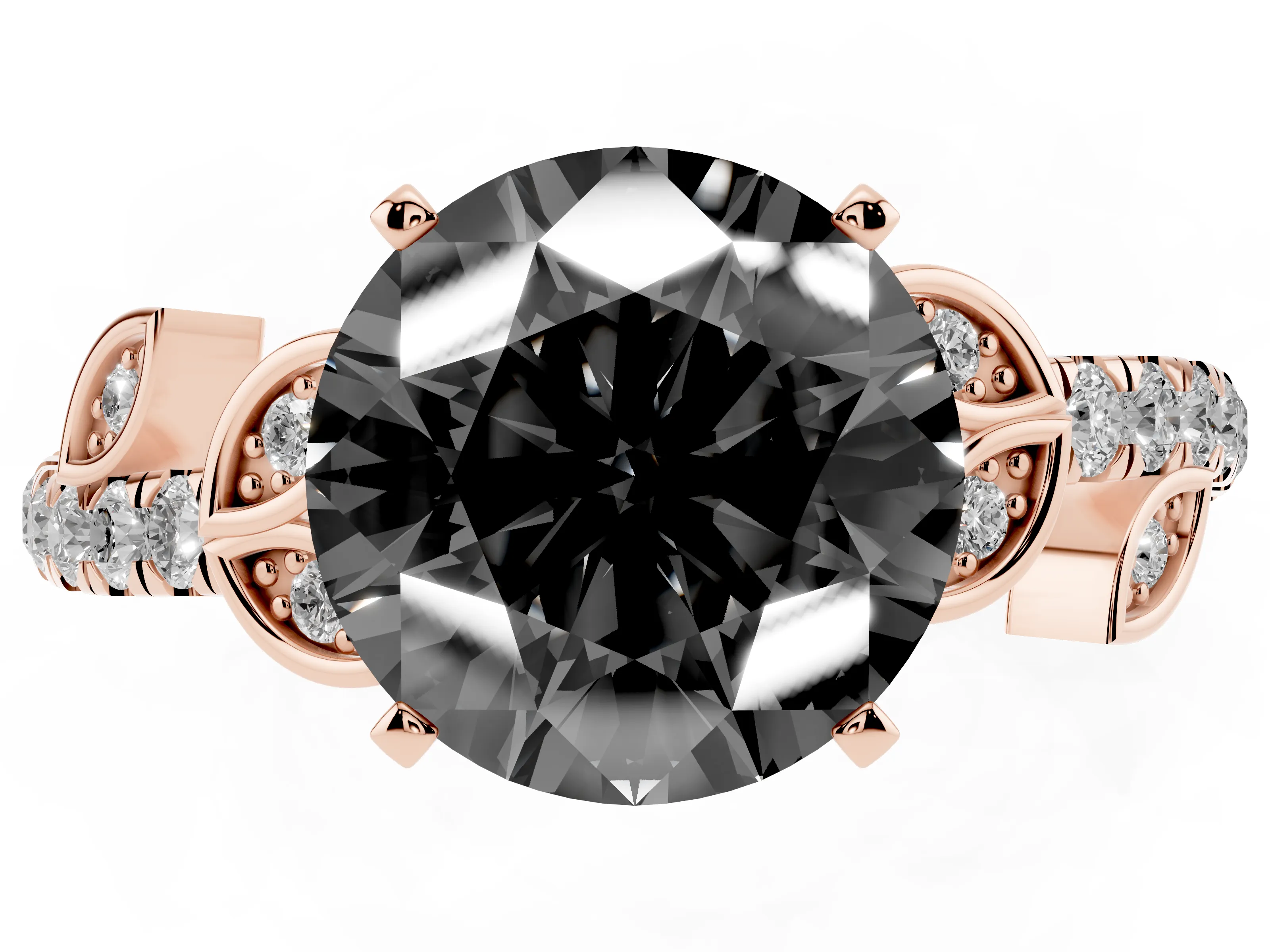 Fancy Black Round Cut Diamond Solitaire Leaf-Inspired Ring Set in Rose gold with Pavé Band and Prong Setting
