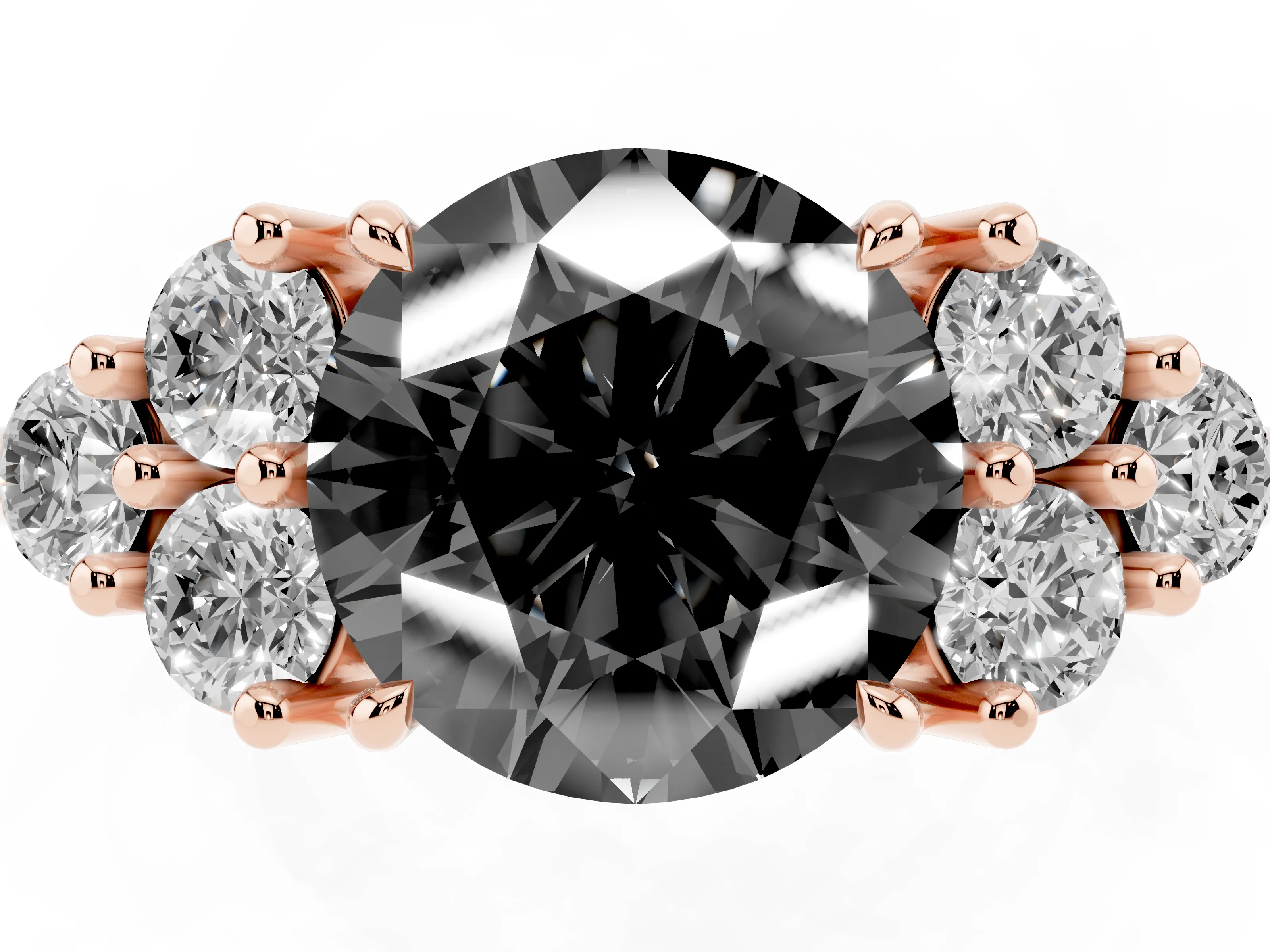 Fancy Black Round Cut Diamond Solitaire Ring Set in Rose gold with Cluster Accents on Each Side
