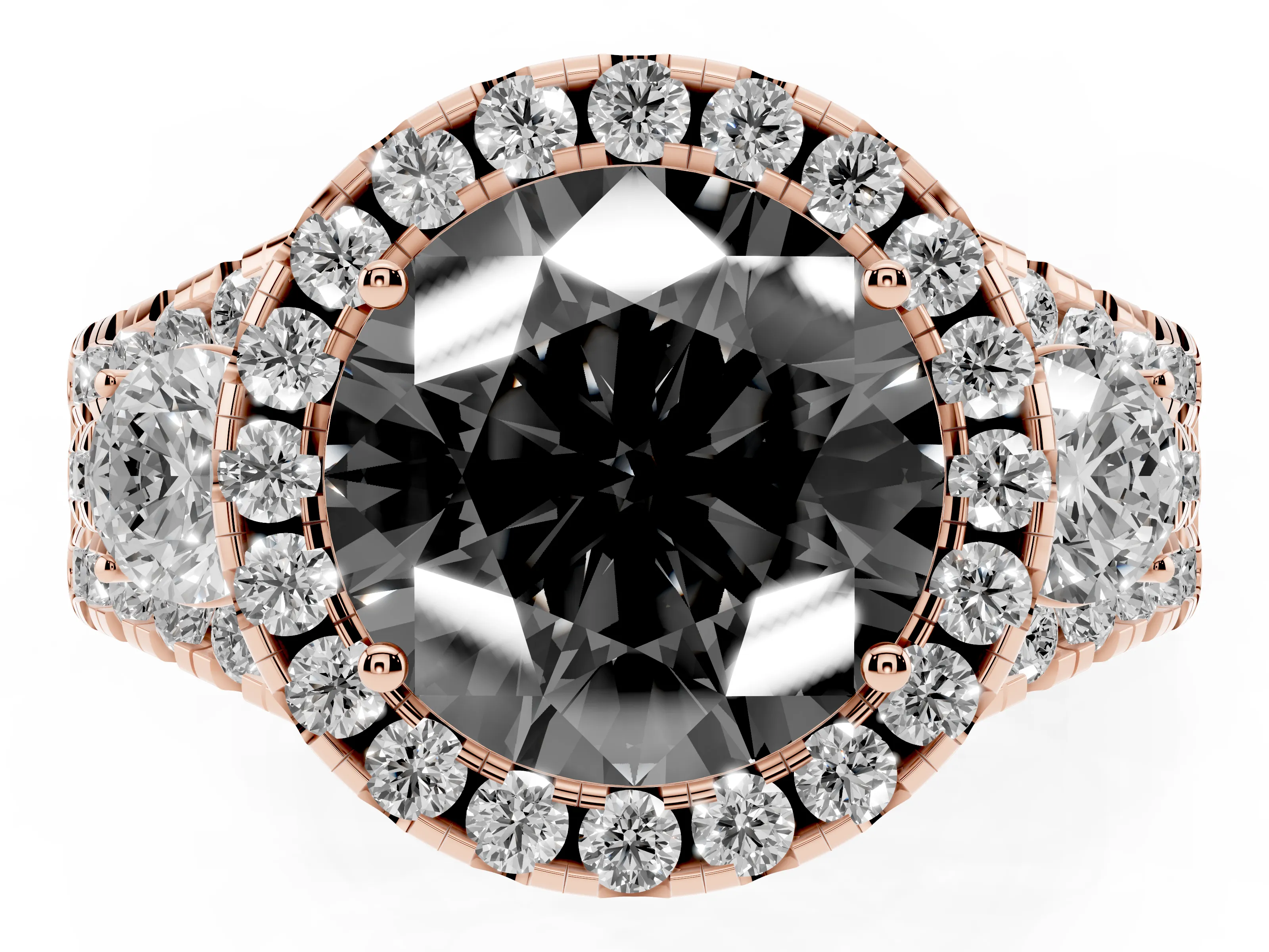 Fancy Black Round Cut Diamond Halo Split Shank Ring Set in Rose gold with Round Accent Stones and Prong Setting