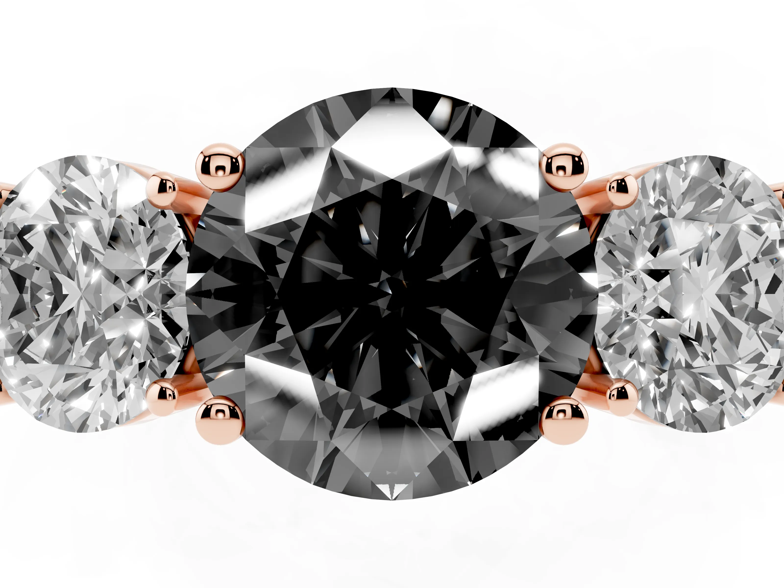 Fancy Black Round Cut Diamond Three-Stone Engagement Ring Set in Rose gold with Flat Band