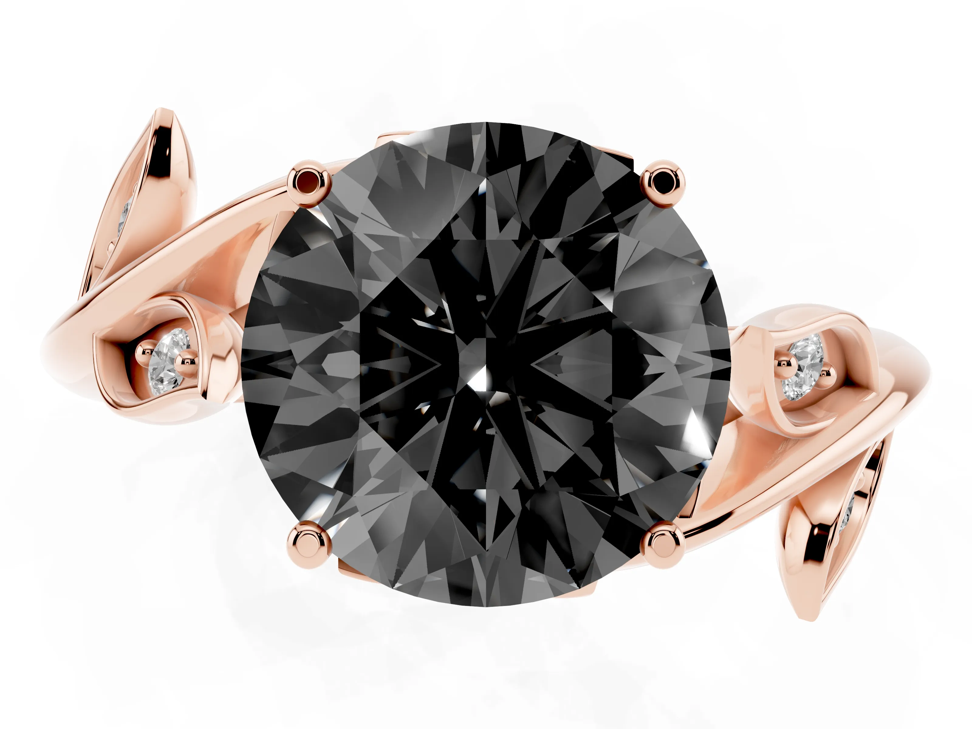 Fancy Black Round Cut Diamond Solitaire Twist Engagement Ring Set in Rose gold with Pavé Leaf Accents