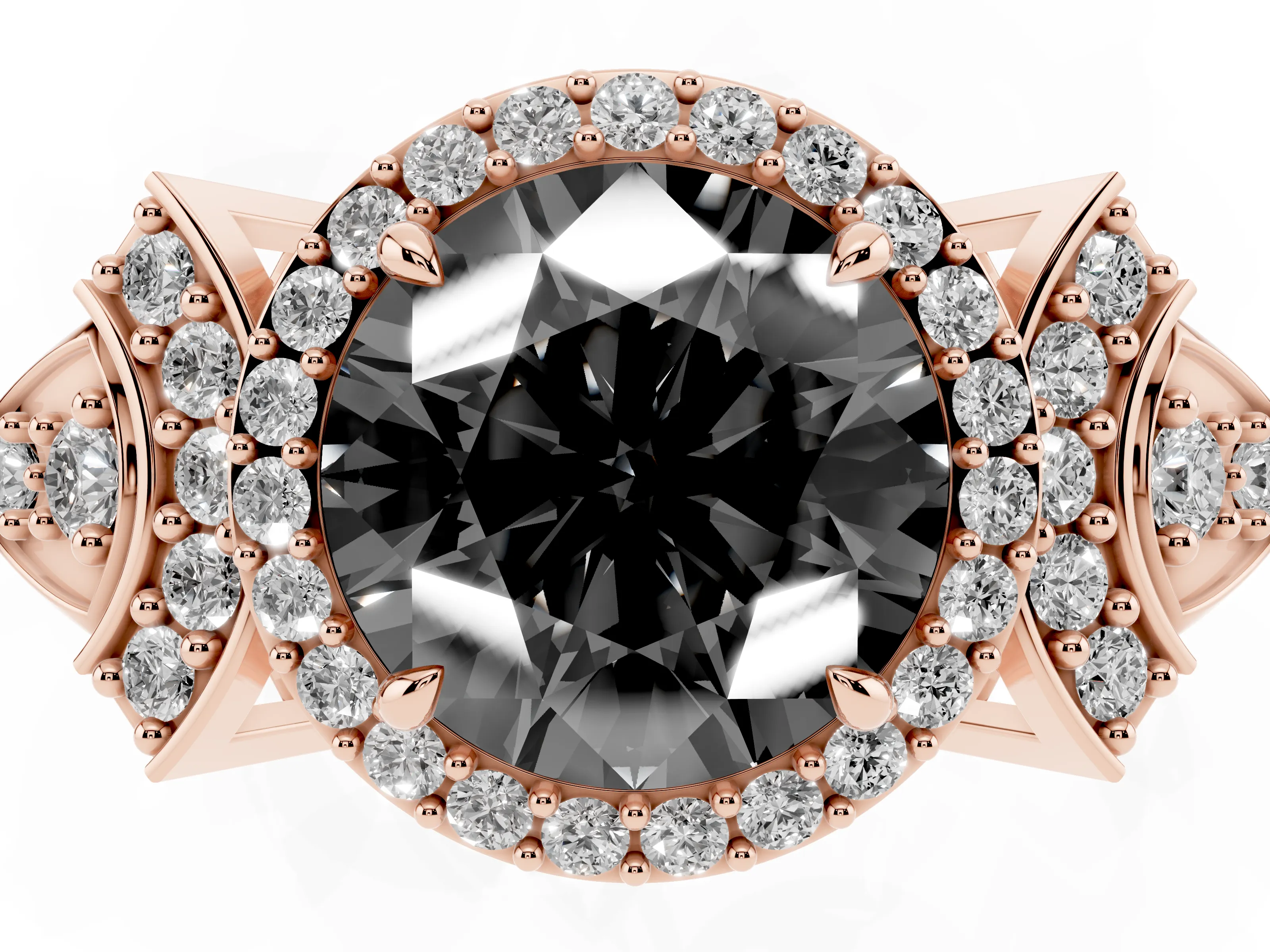 Fancy Black Round Cut Diamond Halo Engagement Ring Set in Rose gold with Accent Stone Split Shank