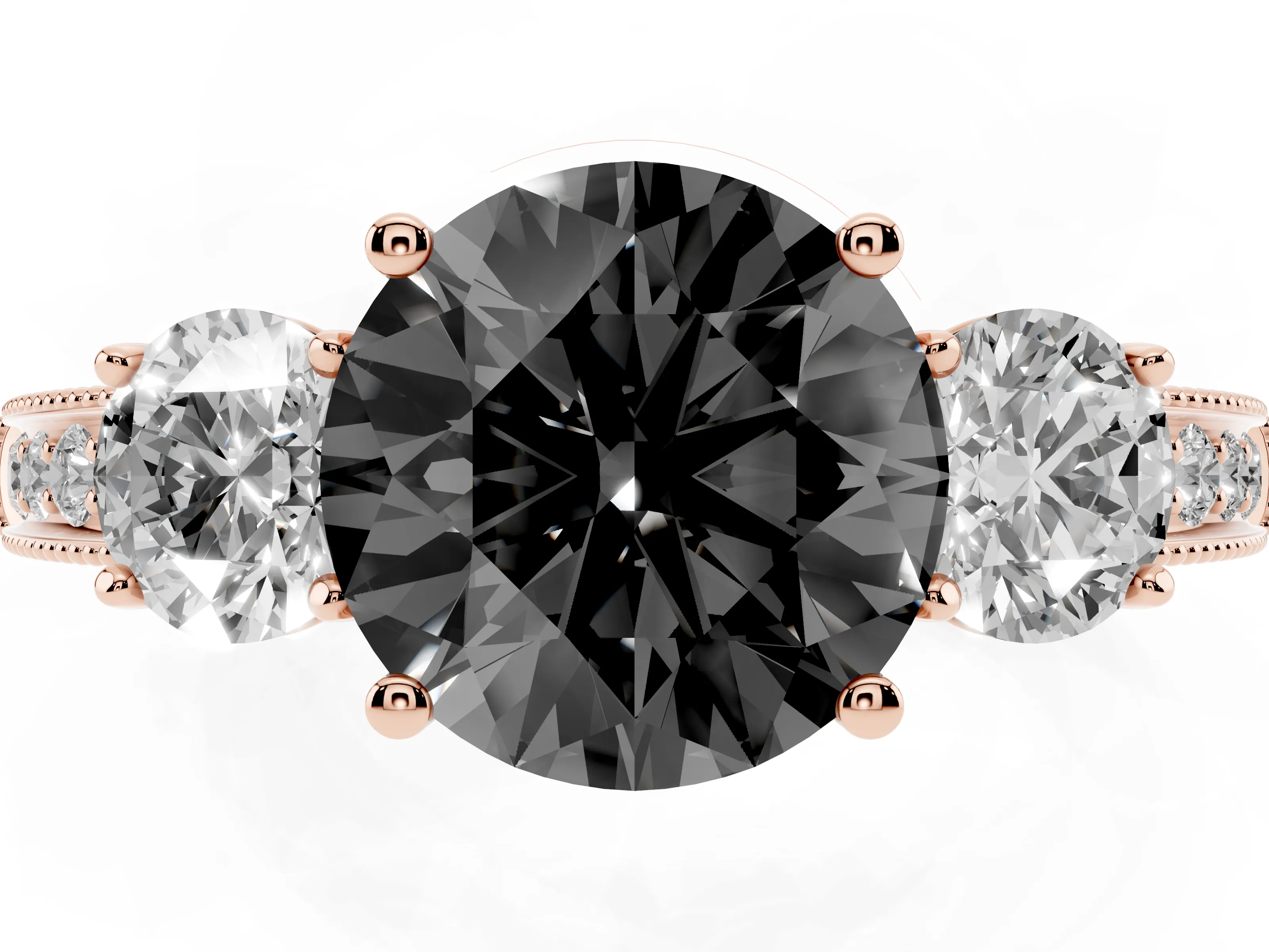 Fancy Black Round Cut Diamond Three-Stone Ring Set in Rose gold with Round Side Stones and Pavé Band
