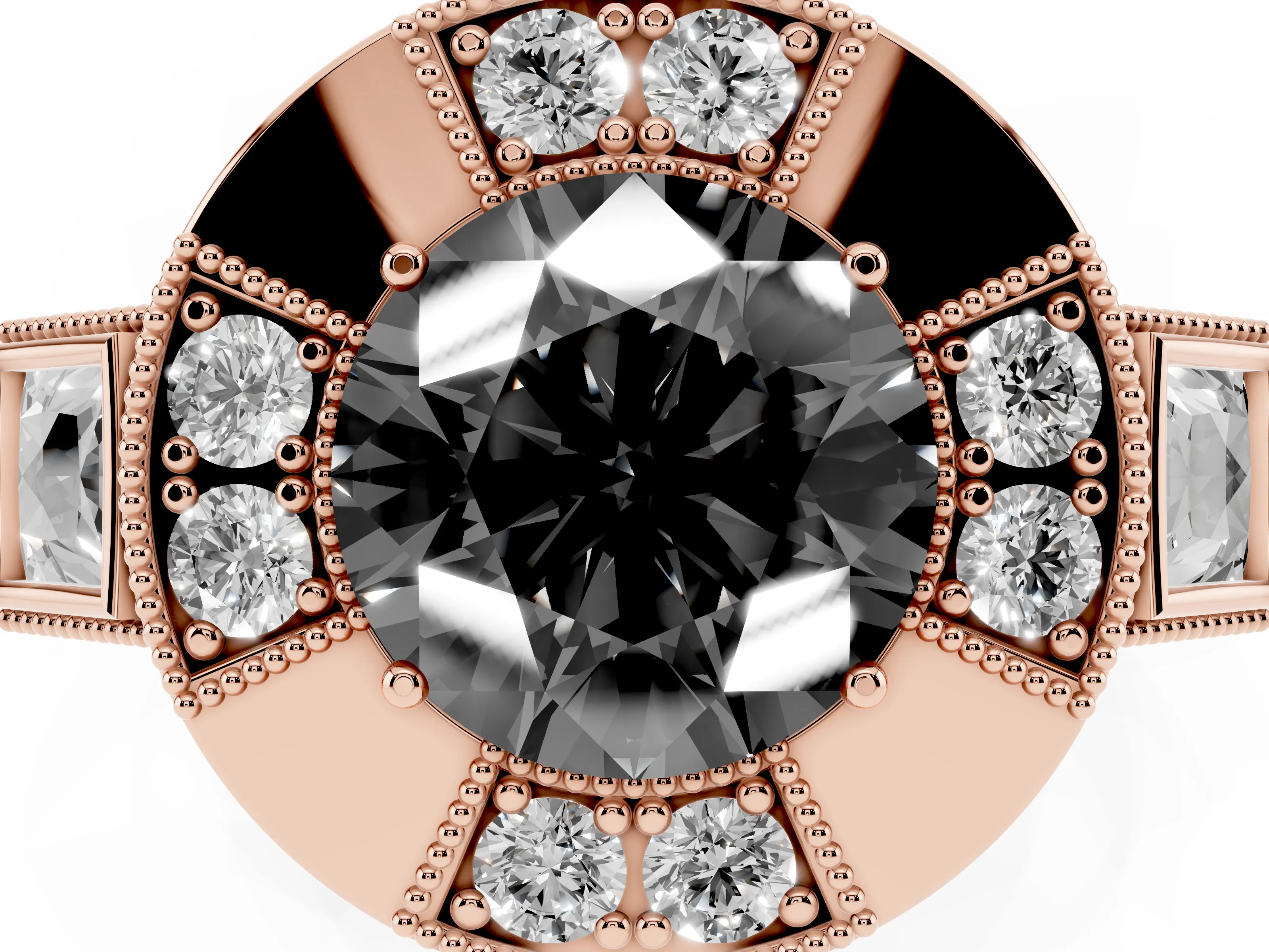 Fancy Black Round Cut Diamond Milgrain Halo Ring Set in Rose gold with Split Shank