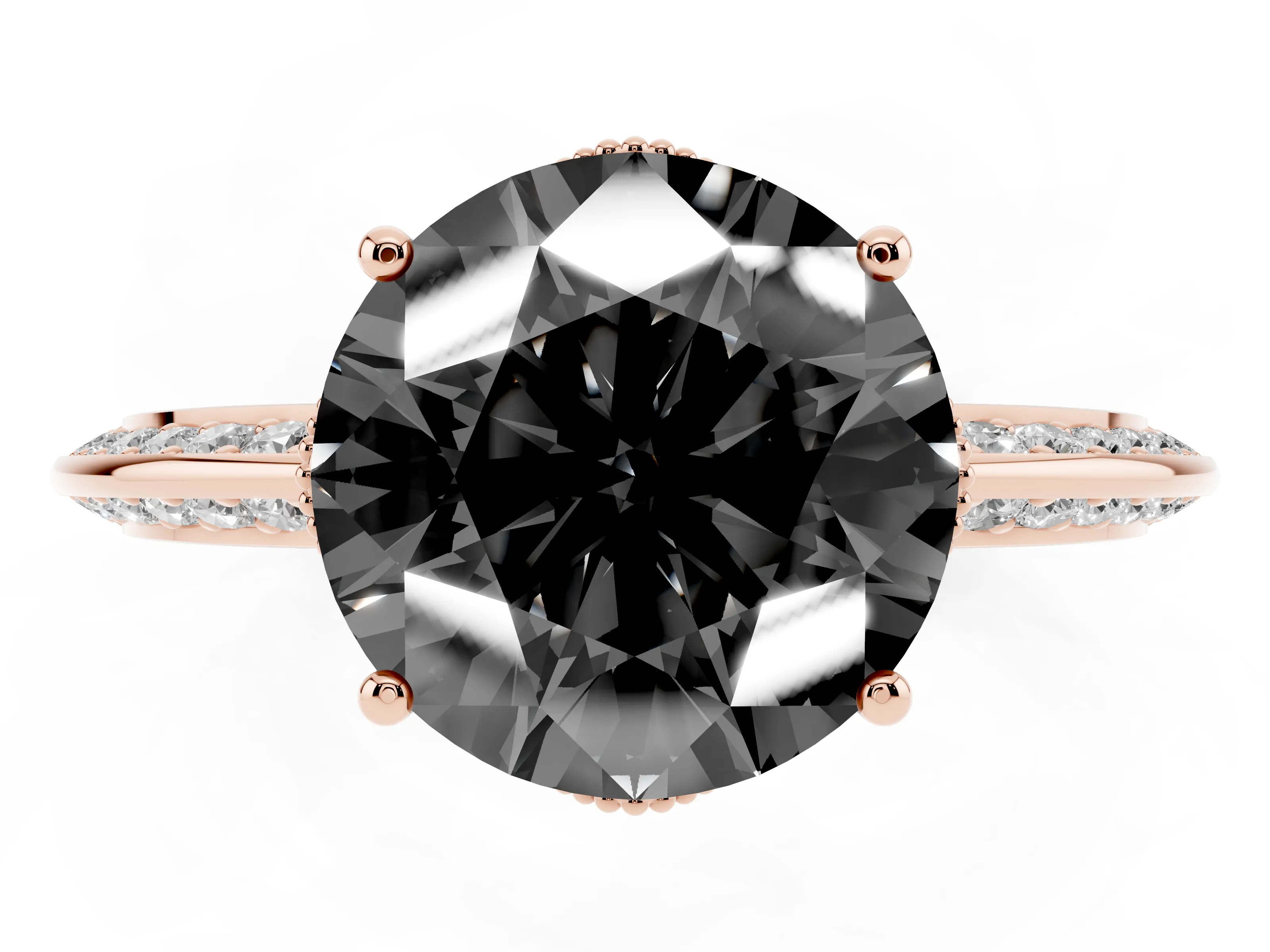 Fancy Black Round Cut Diamond Solitaire Engagement Ring Set in Rose gold with Pavé Split Shank and Prong Setting