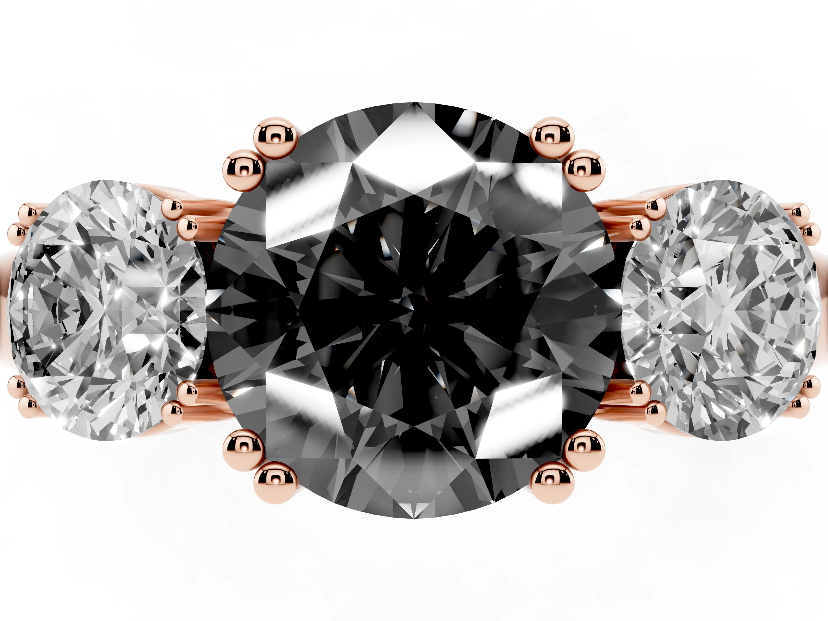 Fancy Black Round Cut Diamond Three-Stone Ring Set in Rose gold with Polished Channel-Set Band