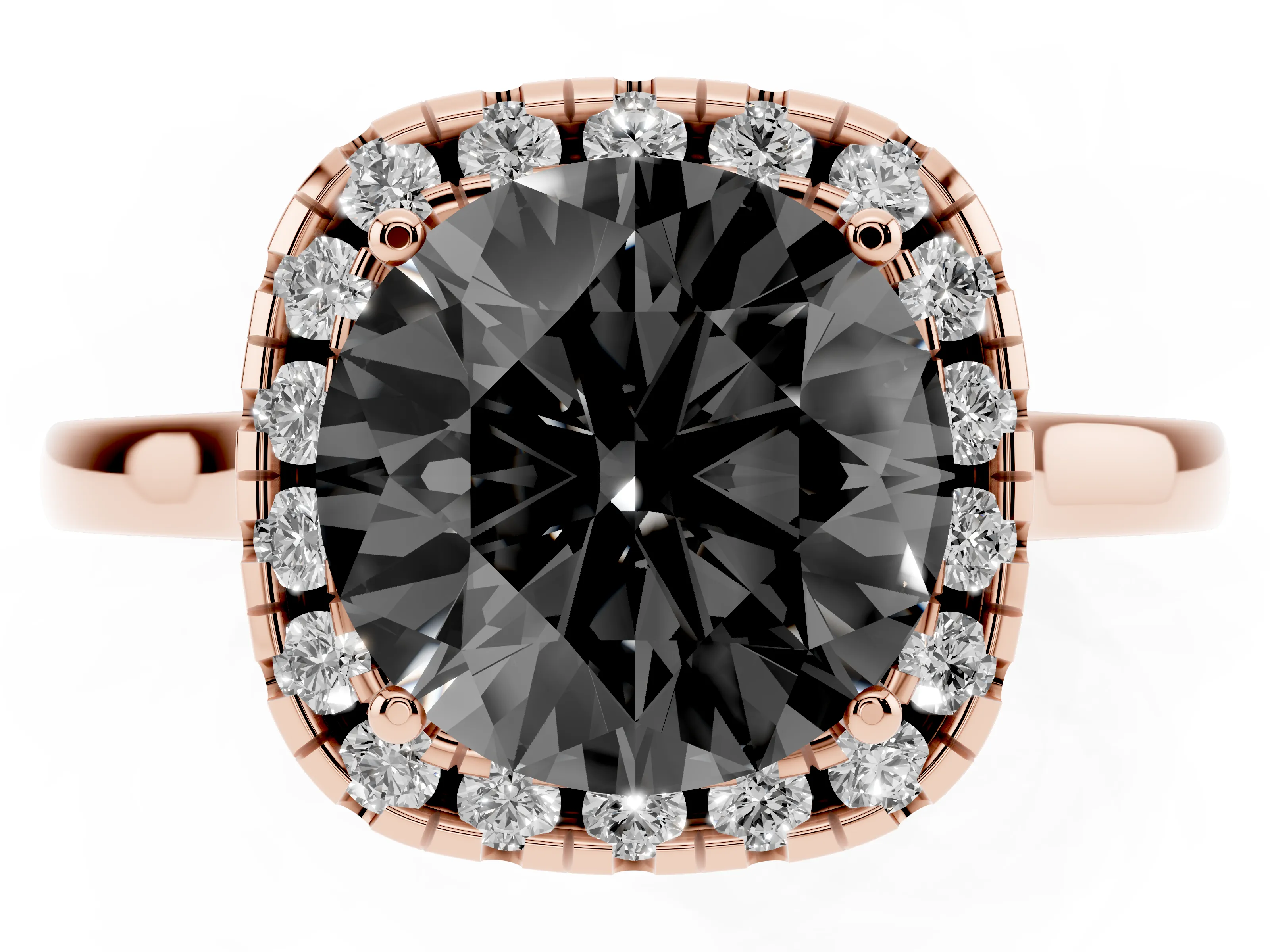 Fancy Black Round Cut Halo Round Diamond Solitaire Ring Set in Rose gold with Pavé Band and Prong Setting