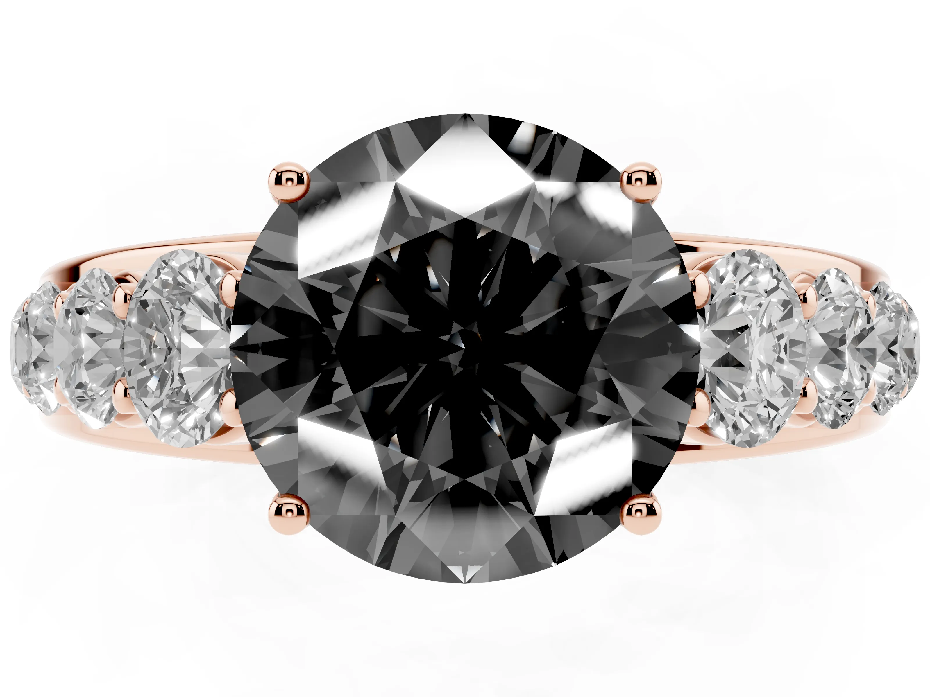 Fancy Black Round Cut Diamond Solitaire Ring Set in Rose gold with Pavé-Set Band and Prong Setting
