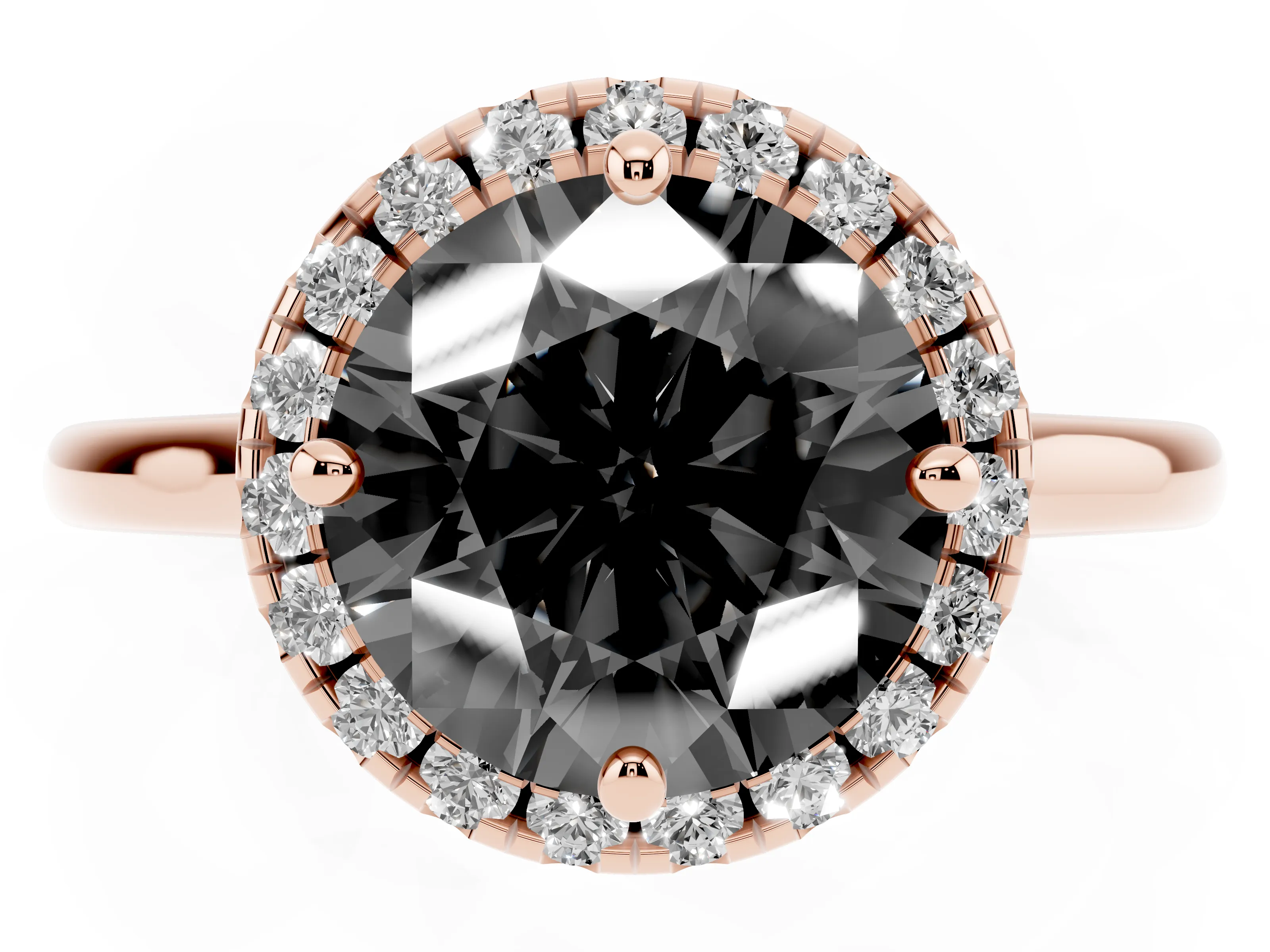 Fancy Black Round Cut Diamond Halo Engagement Ring Set in Rose gold with Pavé Band and Rising Shoulders