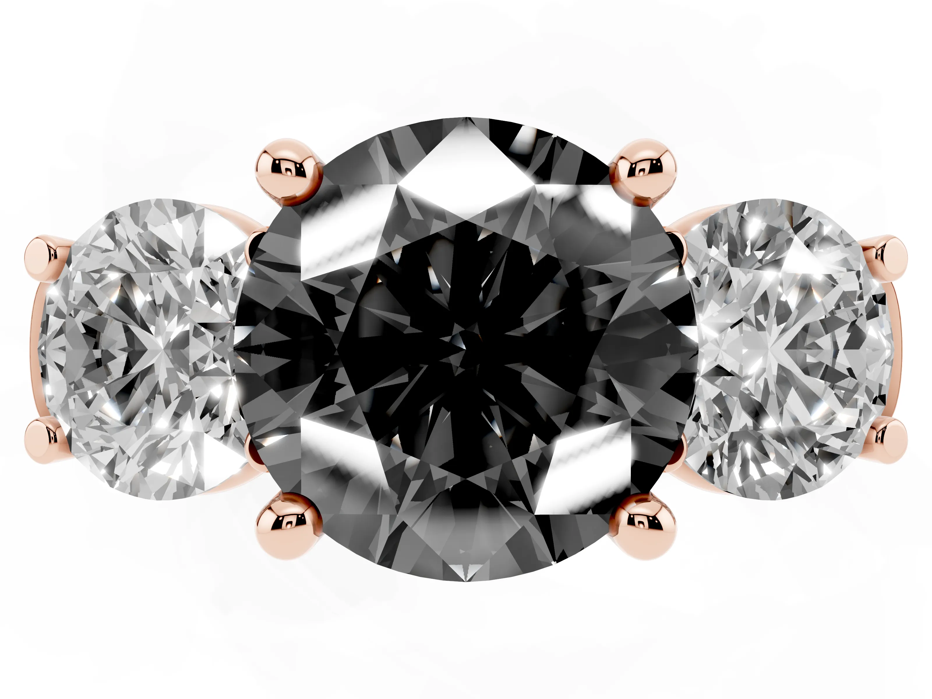 Fancy Black Round Cut Diamond Three-Stone Trellis Ring Set in Rose gold with Comfort Fit Band
