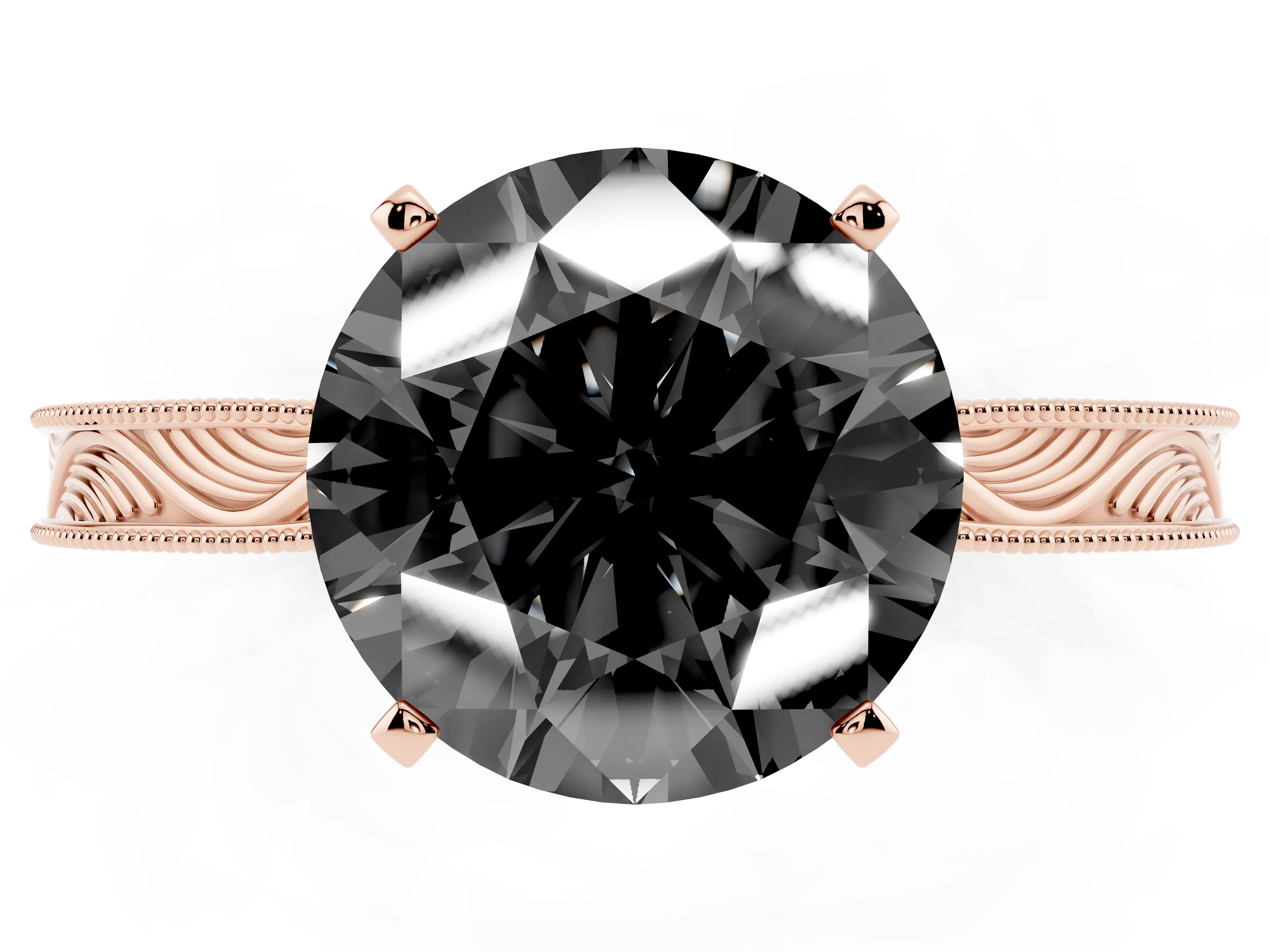 Fancy Black Round Cut Diamond Solitaire Milgrain Engraved Band Set in Rose gold with Prong Setting