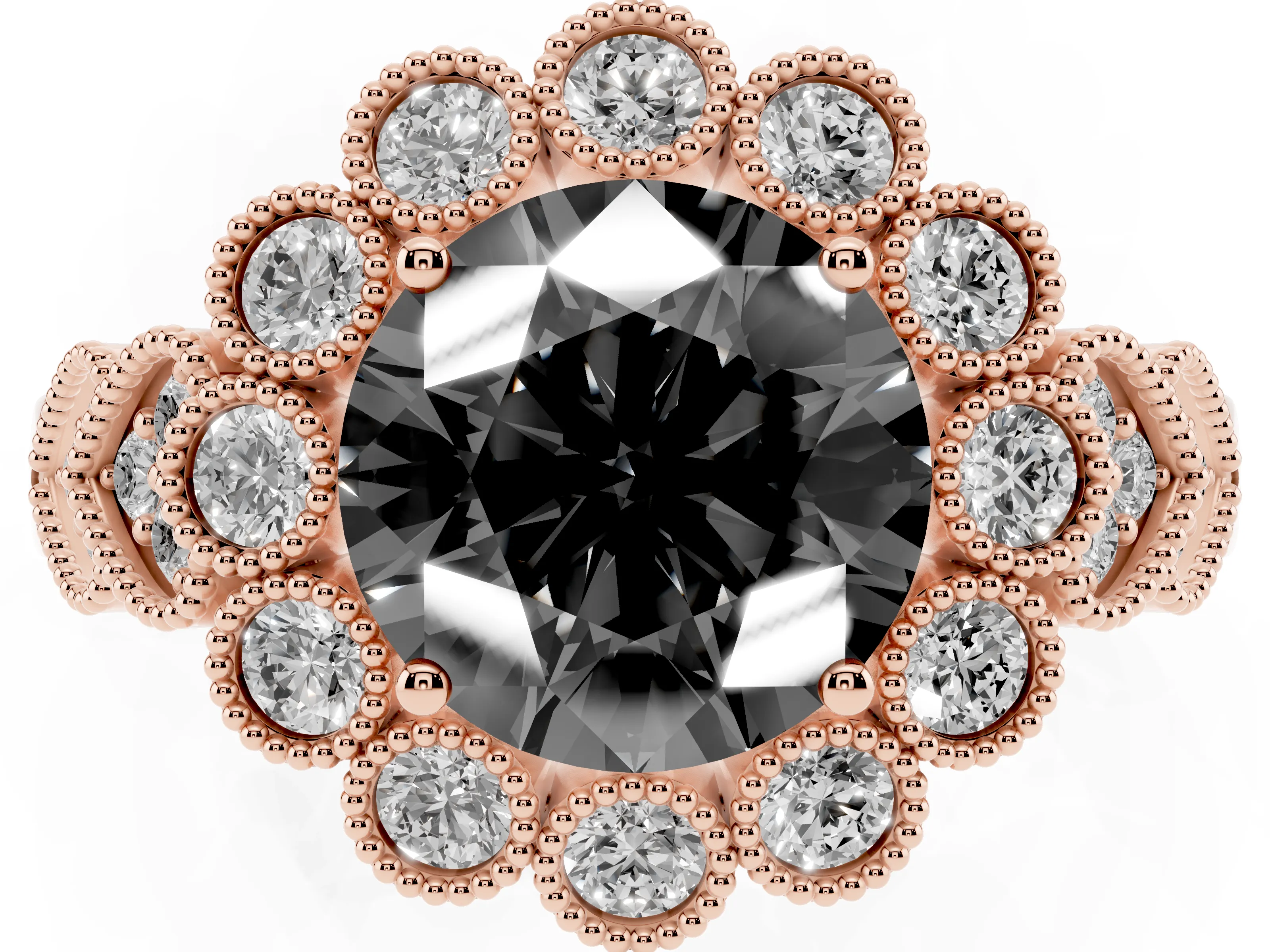 Fancy Black Round Cut Diamond Solitaire Ring Set in Rose gold with Milgrain Pavé Heart Band