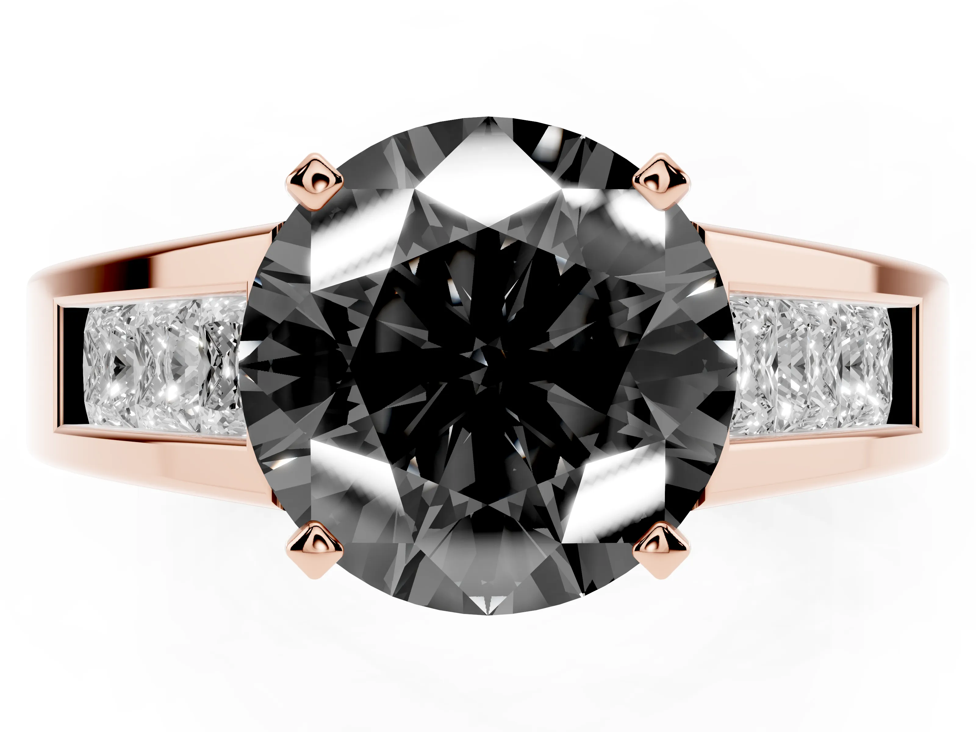 Fancy Black Round Cut Diamond Solitaire Ring Set in Rose gold with Channel-Set Accent Stones and Prong Setting