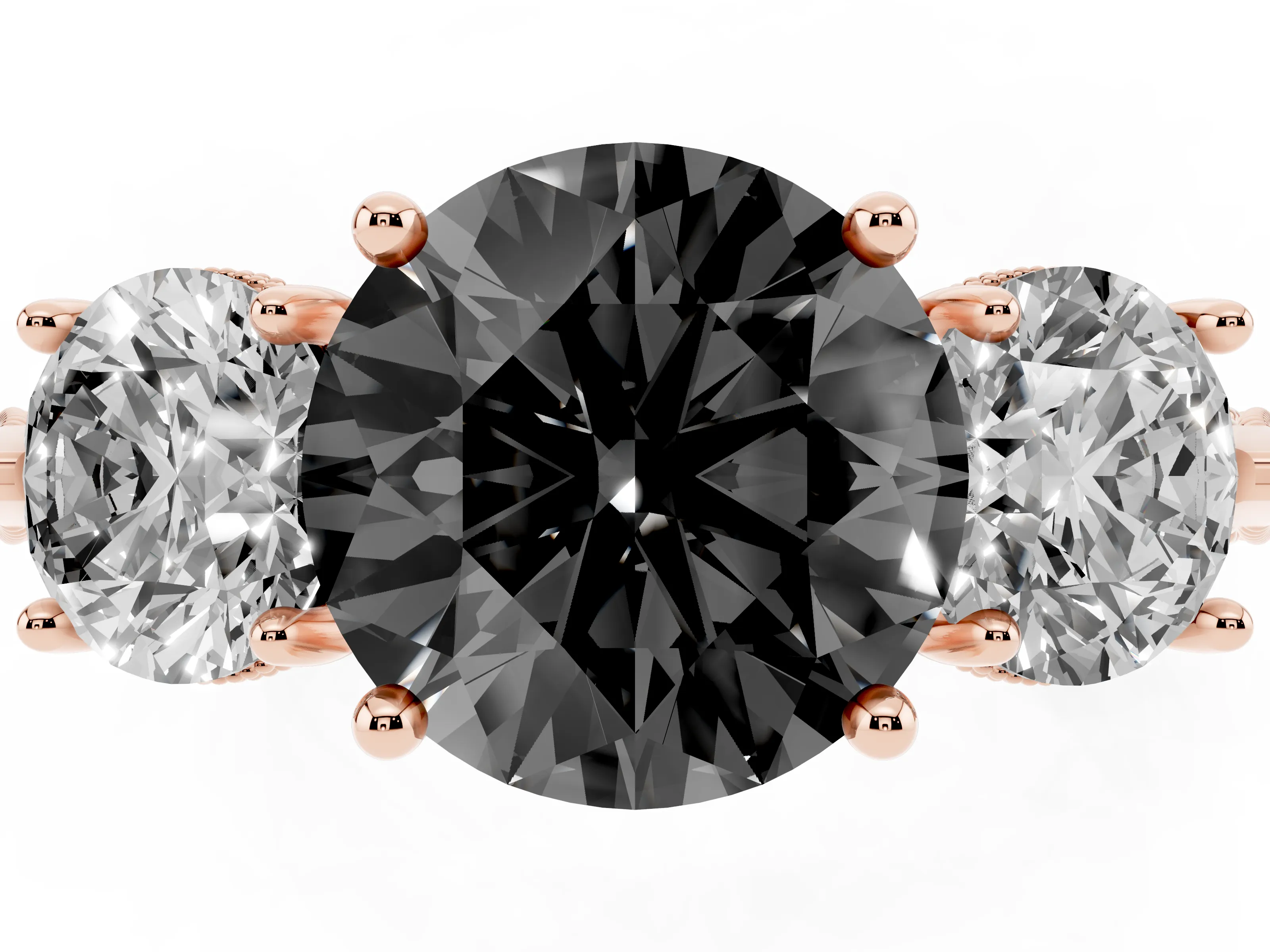 Fancy Black Round Cut Diamond Three-Stone Ring Set in Rose gold with Milgrain Band