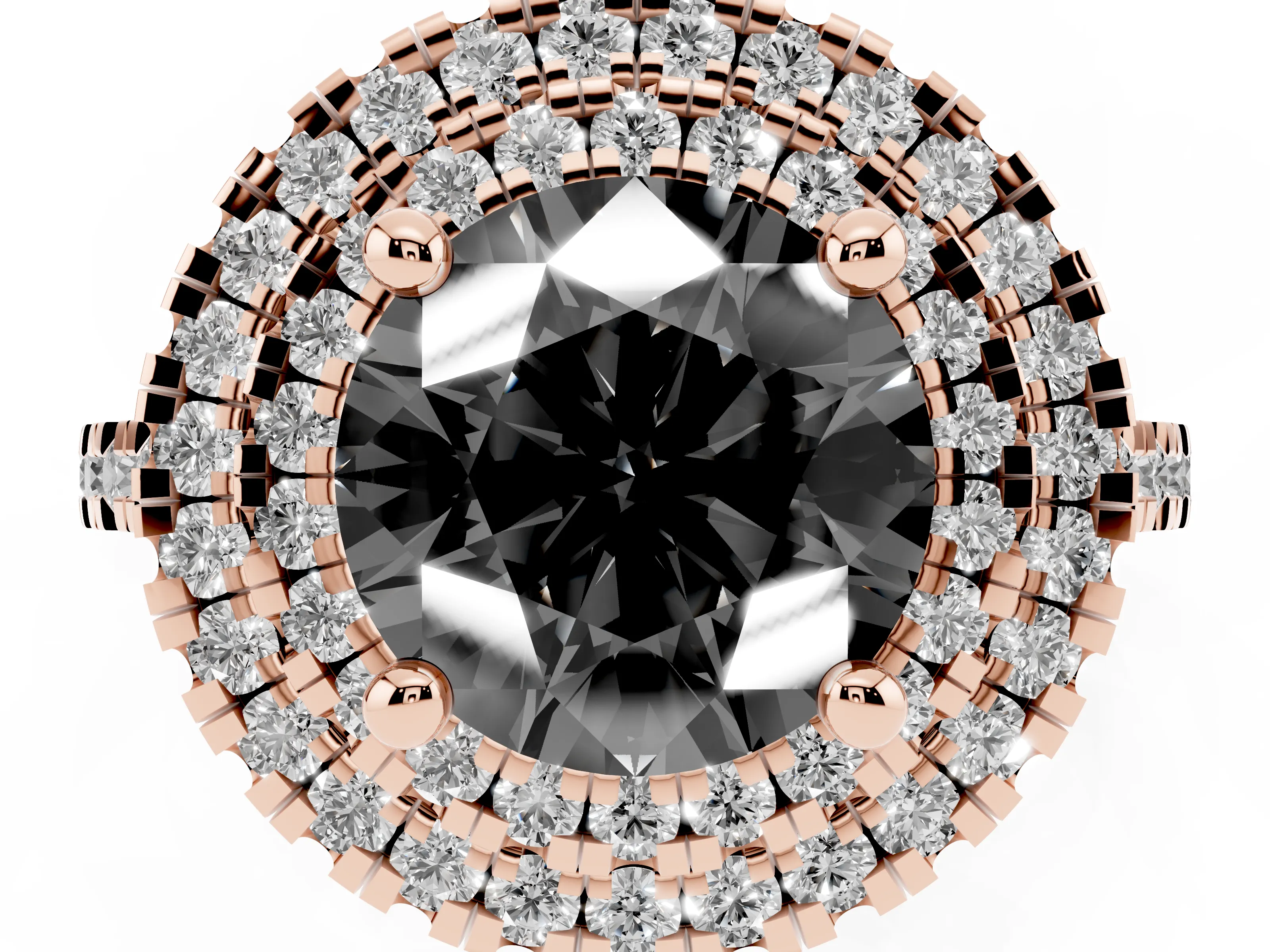 Fancy Black Round Cut Diamond Double Halo Statement Ring Set in Rose gold with Pavé Band