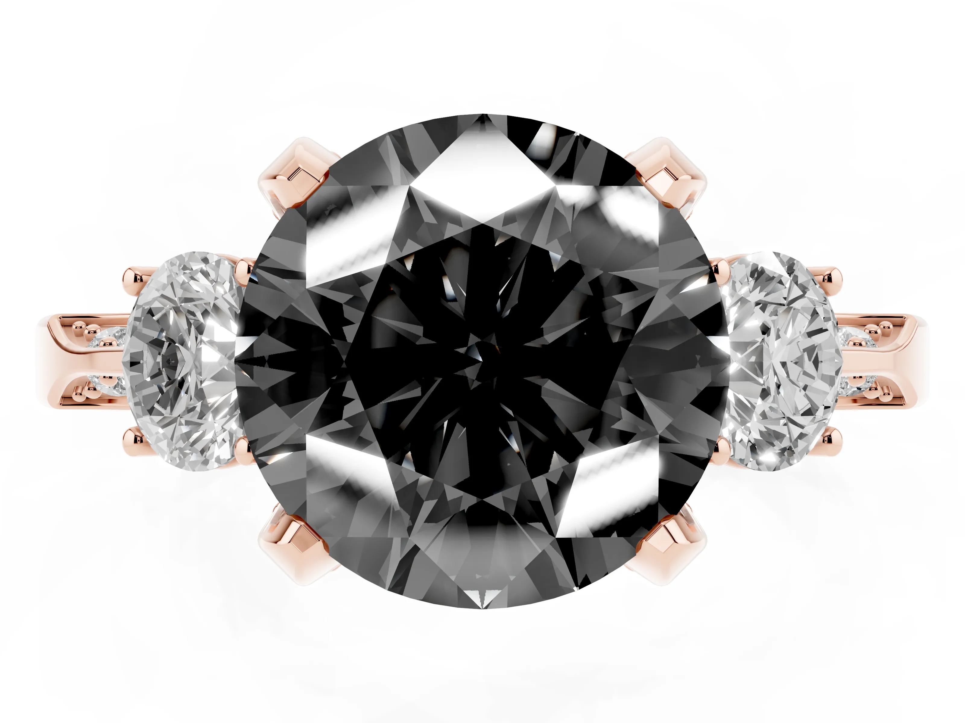 Fancy Black Round Cut Diamond Three-Stone Ring Set in Rose gold with Pavé Band and Smaller Side Stones