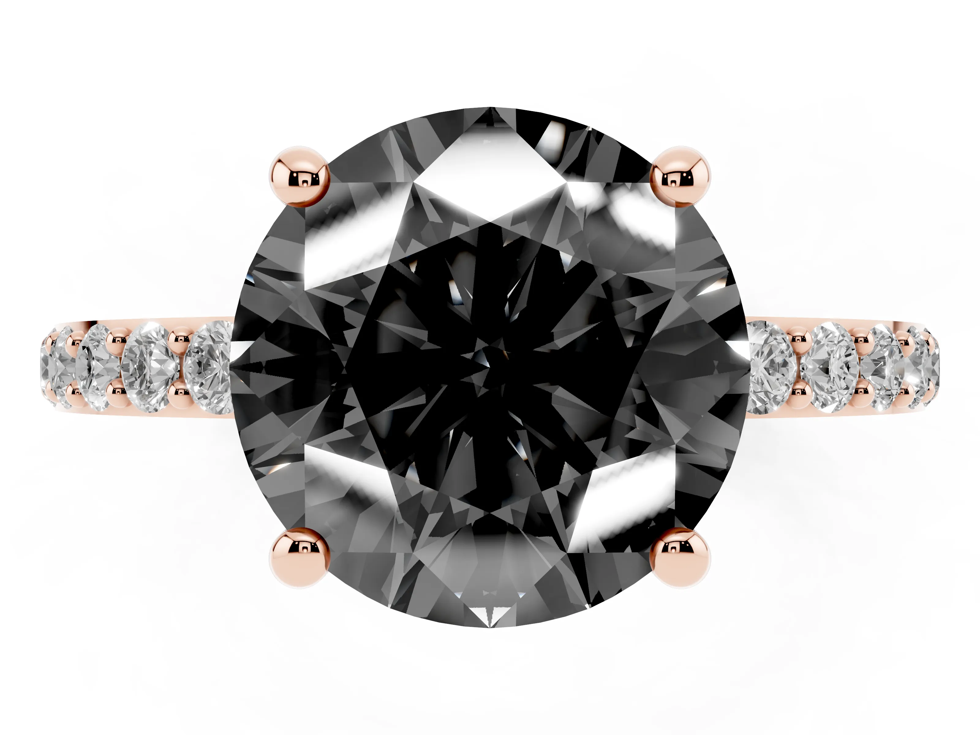 Fancy Black Round Cut Diamond Solitaire Ring Set in Rose gold with Round Pavé Band and Prong Setting