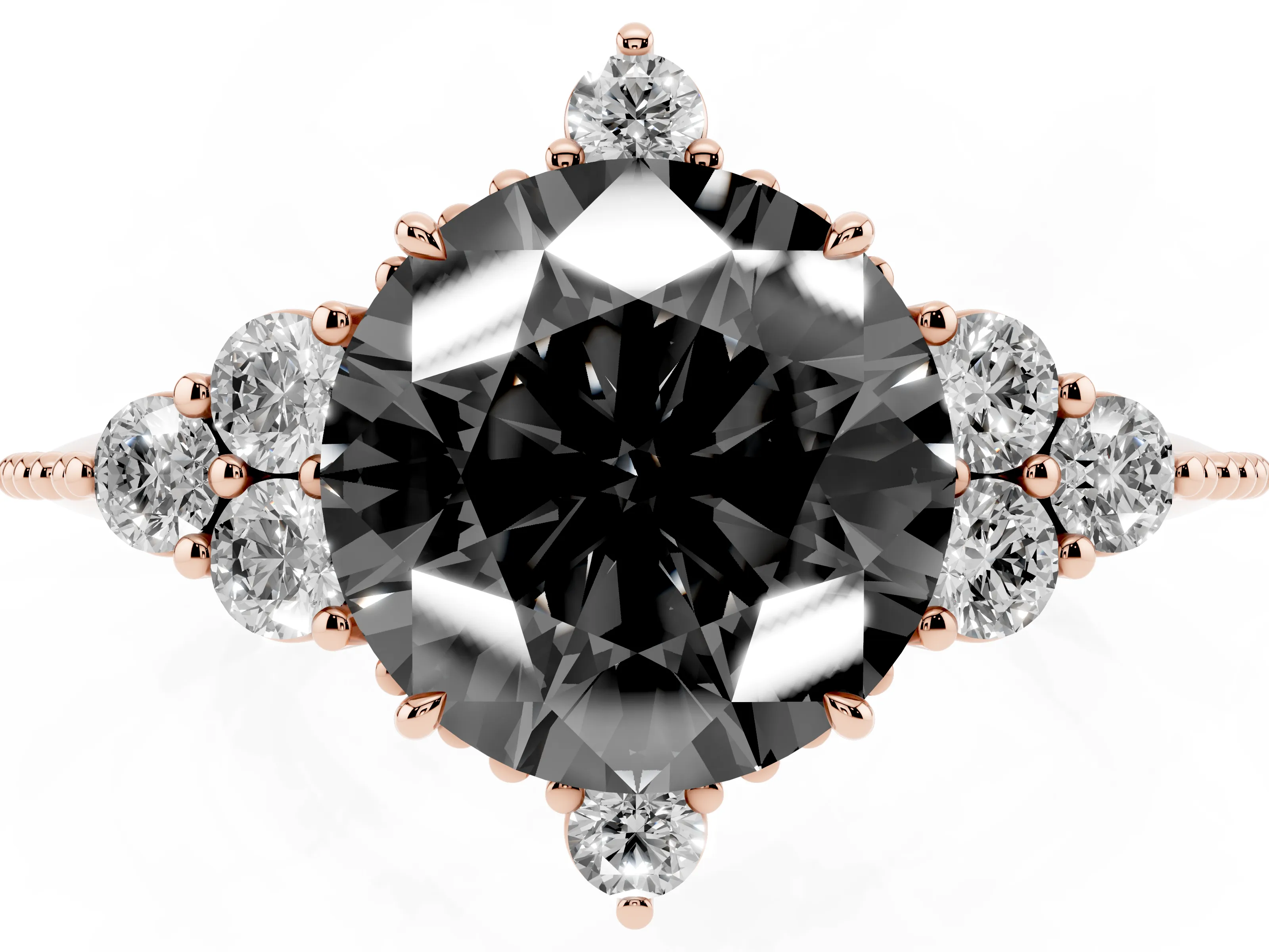 Fancy Black Round Cut Diamond Cluster Ring Set in Rose gold with Beaded Band