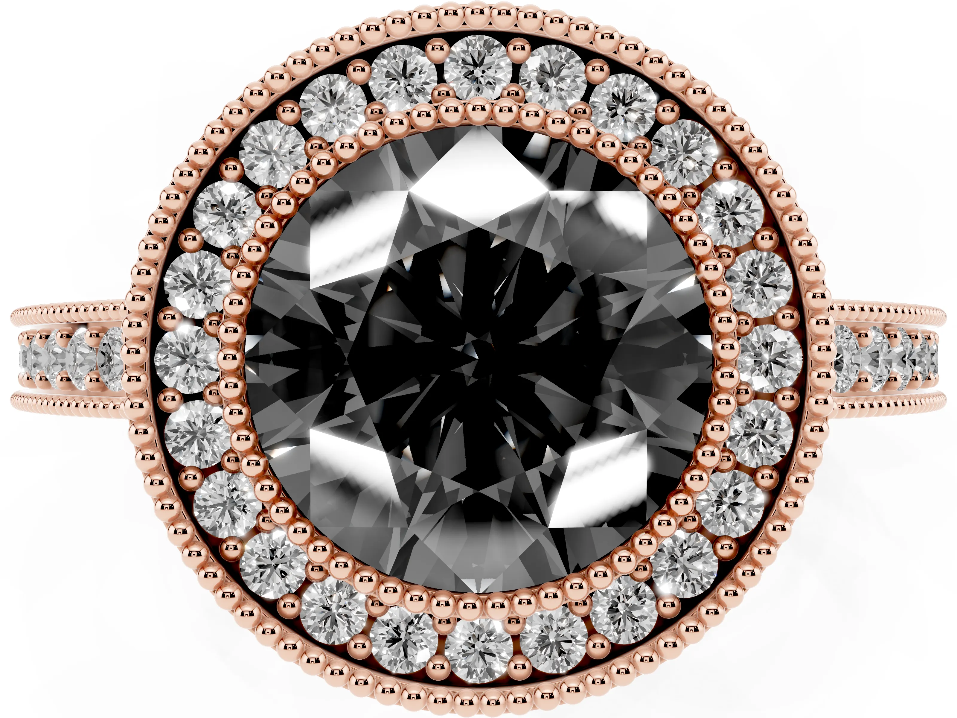 Fancy Black Round Cut Diamond Round Halo Ring Set in Rose gold with Pavé Band
