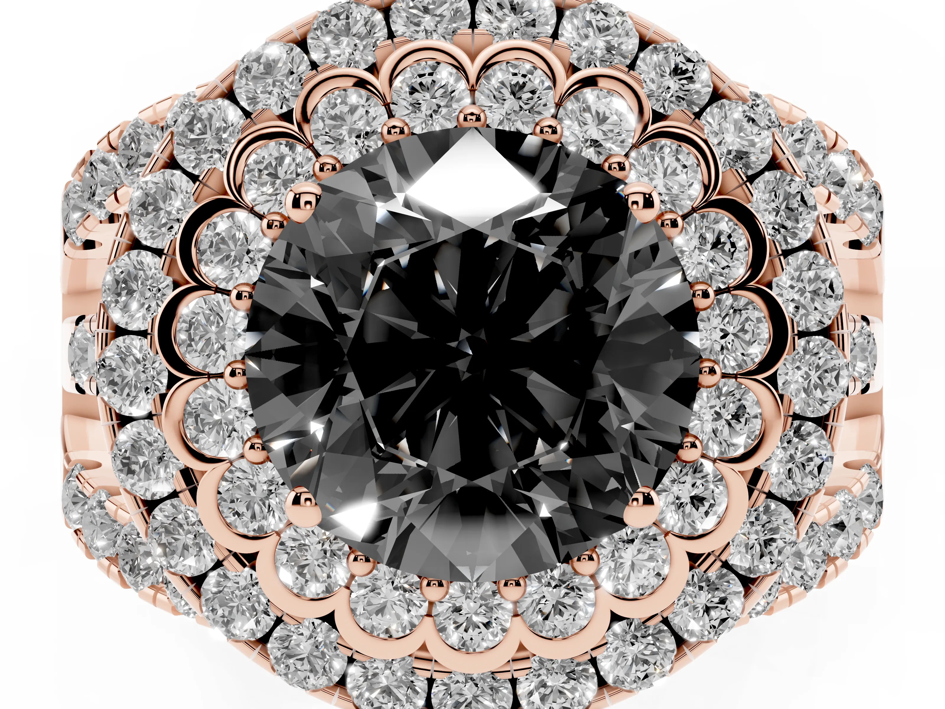 Fancy Black Round Cut Diamond Double Halo Ring Set in Rose gold with Round Pavé Split Shank