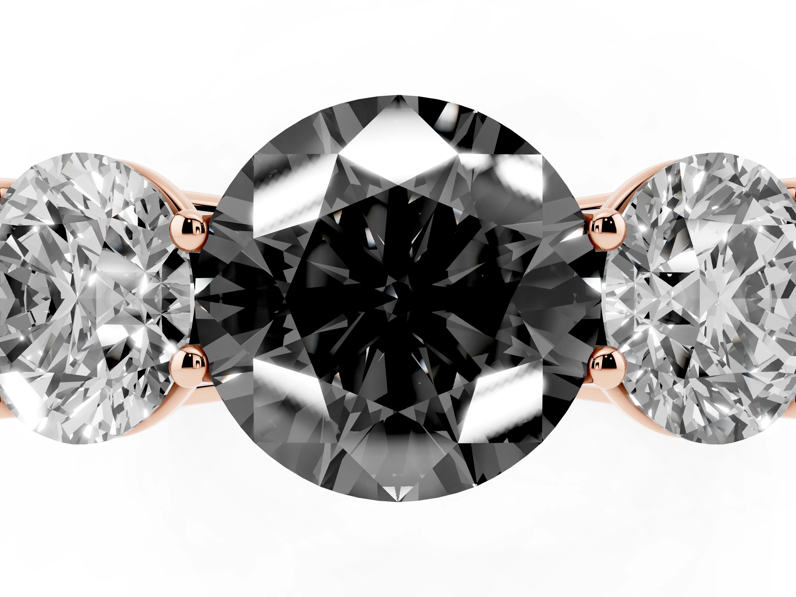 Fancy Black Round Cut Diamond Three-Stone Ring Set in Rose gold with Plain Polished Band