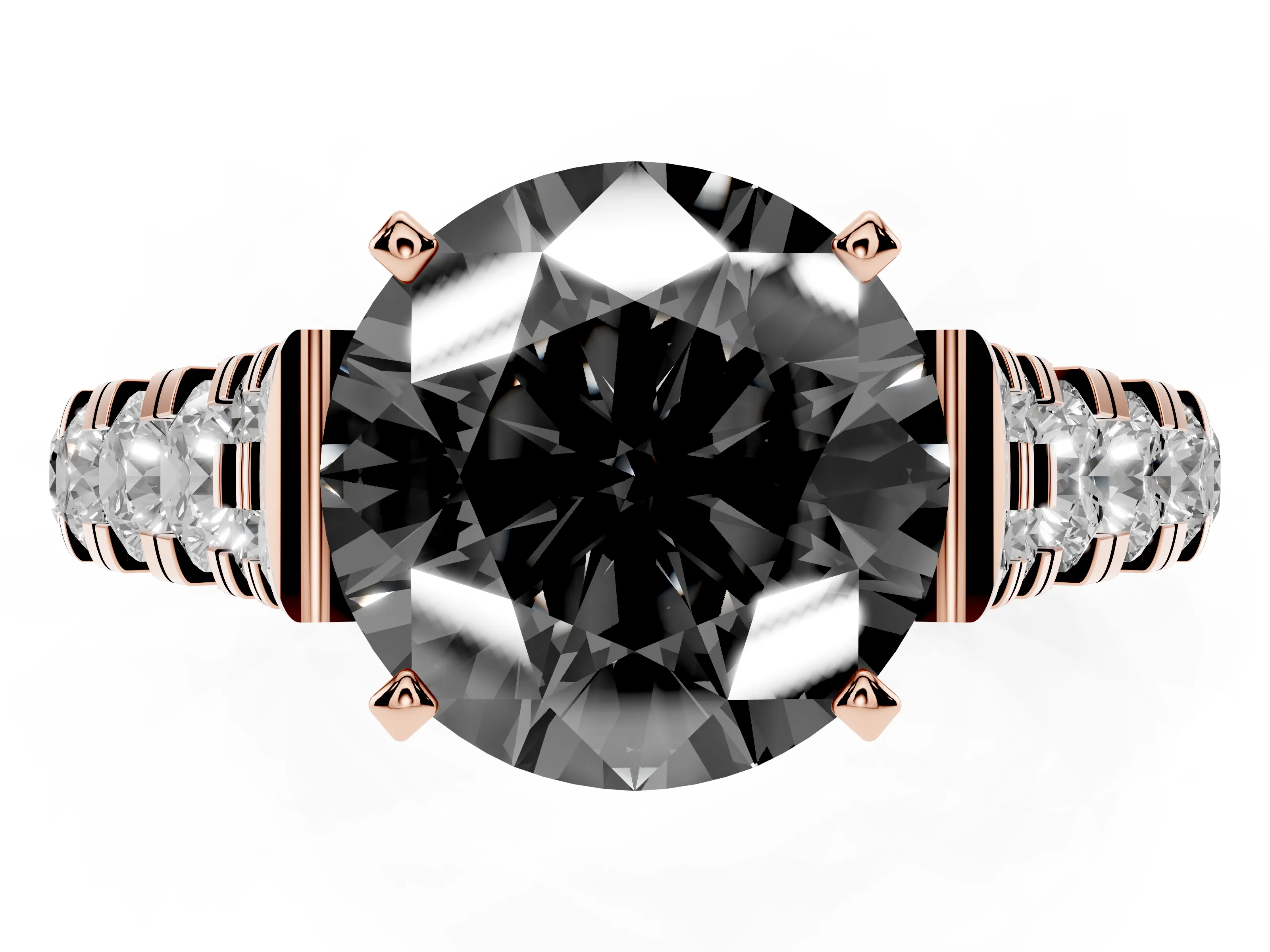 Fancy Black Round Cut Diamond Classic Solitaire Ring Set in Rose gold with Pavé Band and Prong Setting