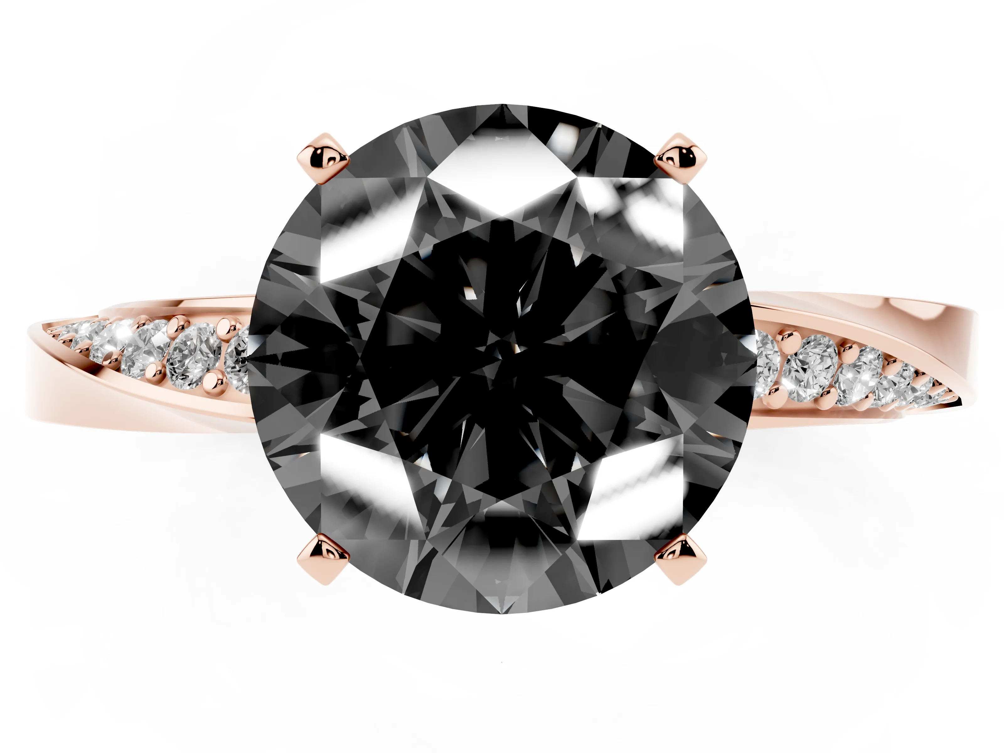 Fancy Black Round Cut Diamond Engagement Ring Set in Rose gold with Side Stone Accents and Prong Setting
