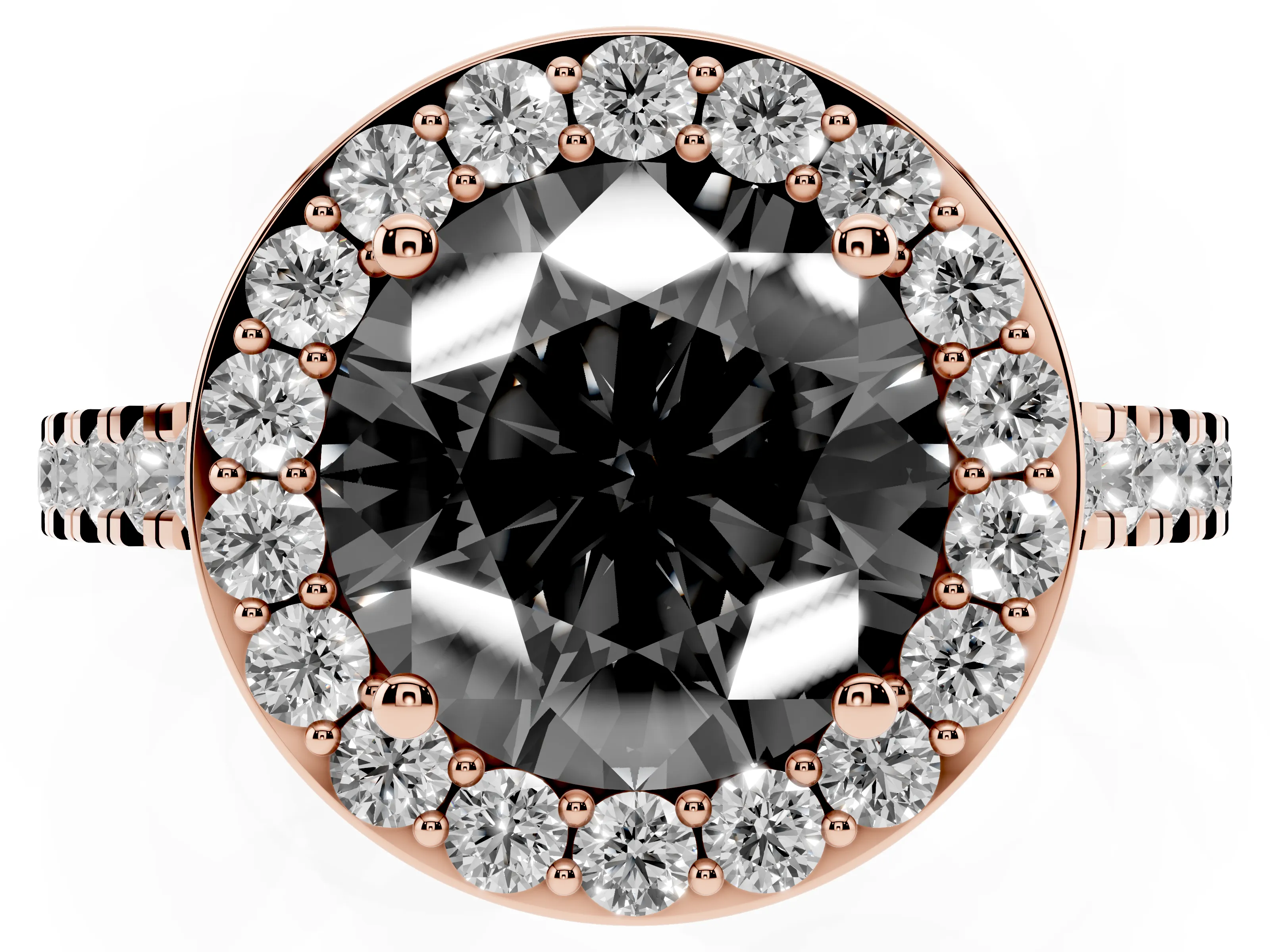 Fancy Black Round Cut Diamond Halo Ring Set in Rose gold with Round Pavé Split Shank and Prong Setting