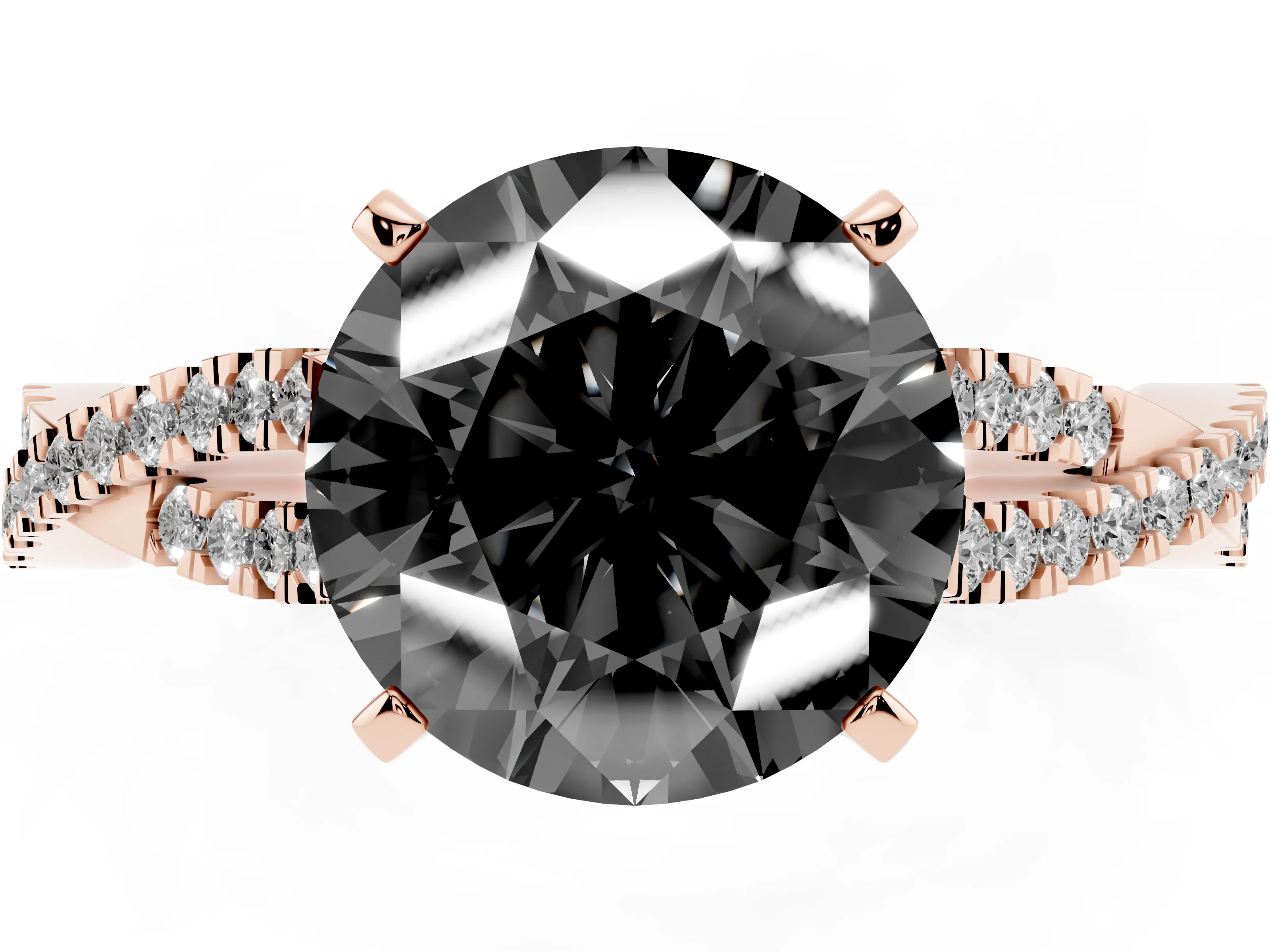Fancy Black Round Cut Diamond Solitaire Engagement Ring Set in Rose gold with Twisted Pavé Band and Prong Setting