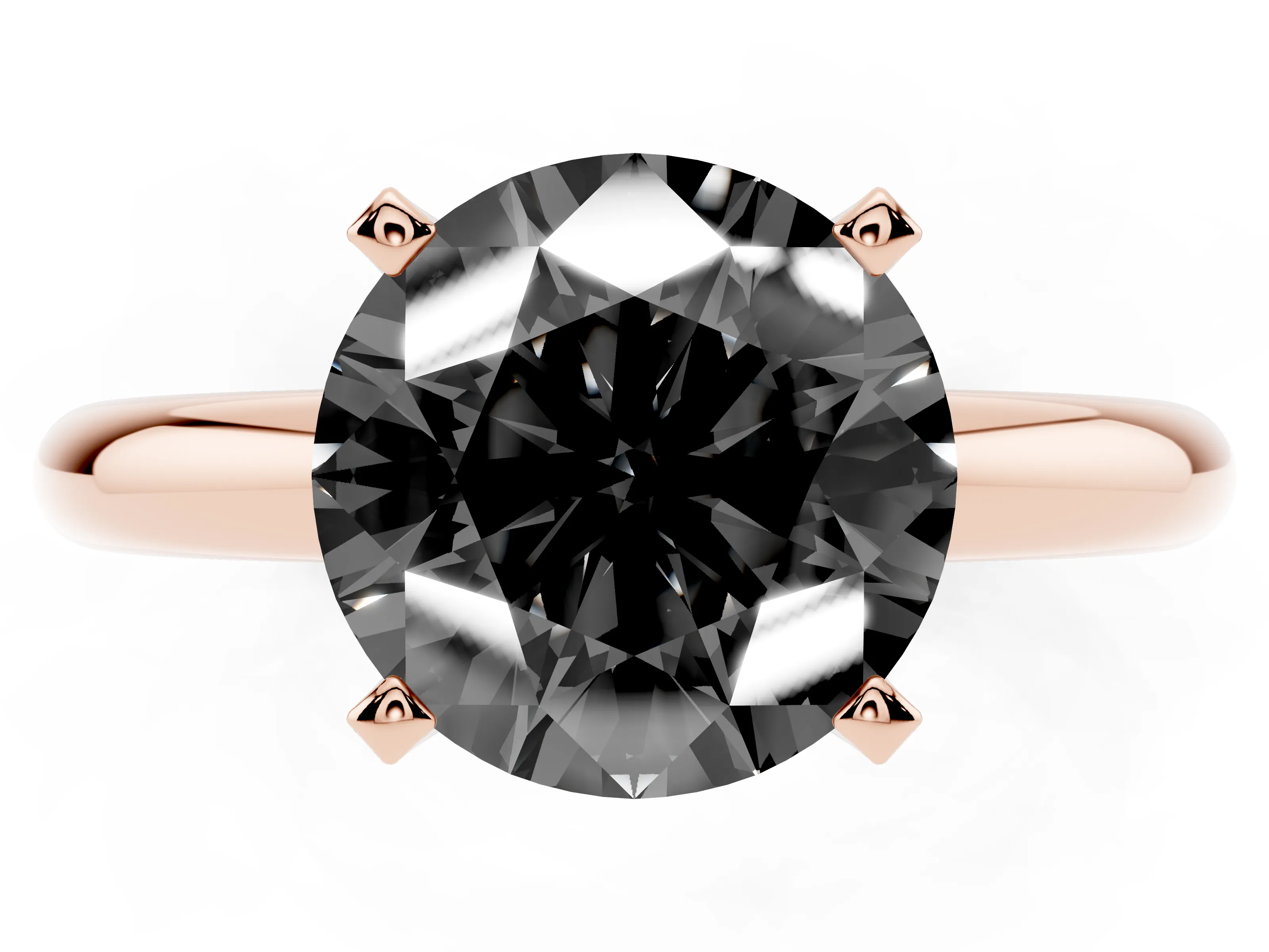 Fancy Black Round Cut Diamond Solitaire Engagement Ring Set in Rose gold with Round Band and Prong Setting